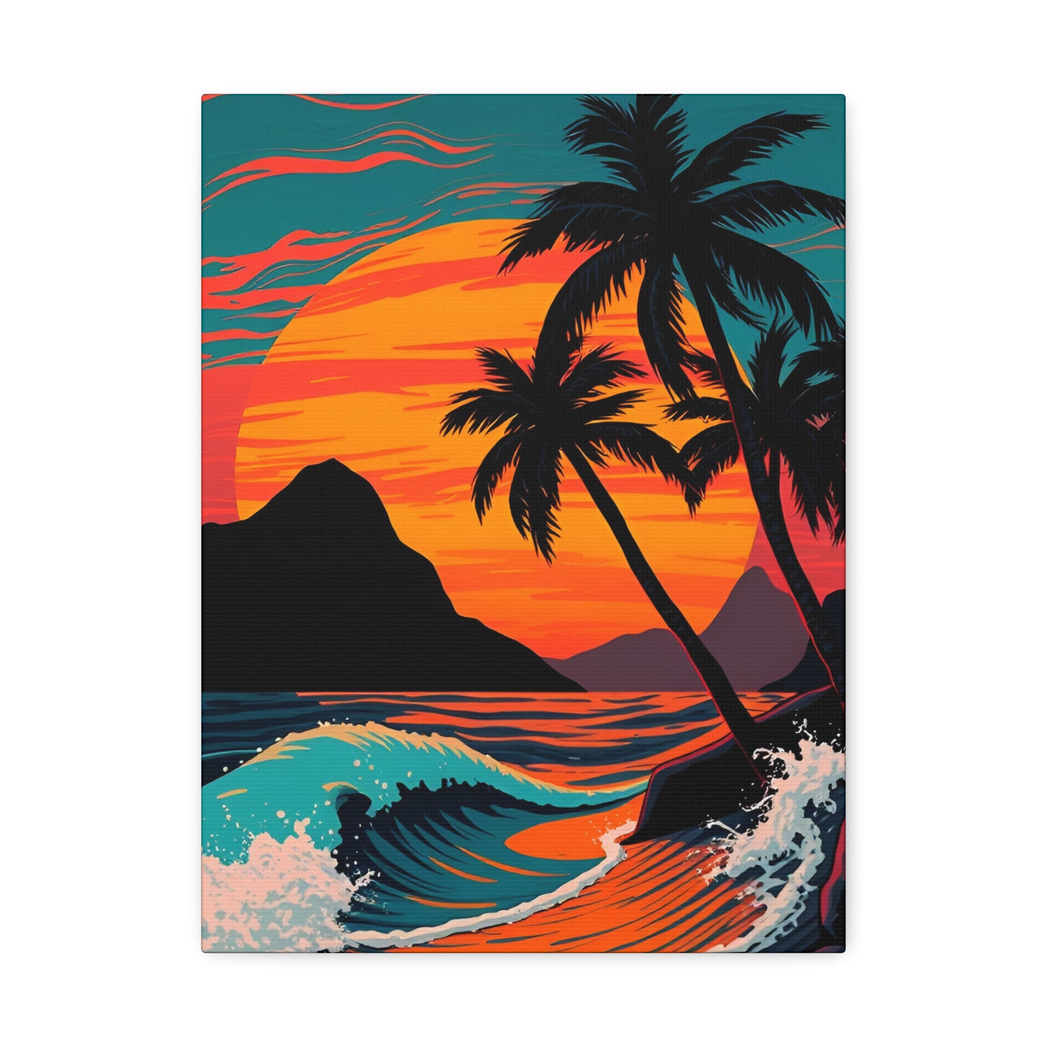 Tropical Sunset Canvas Wall Art — Palm Trees and Ocean Waves Stretched Canvas