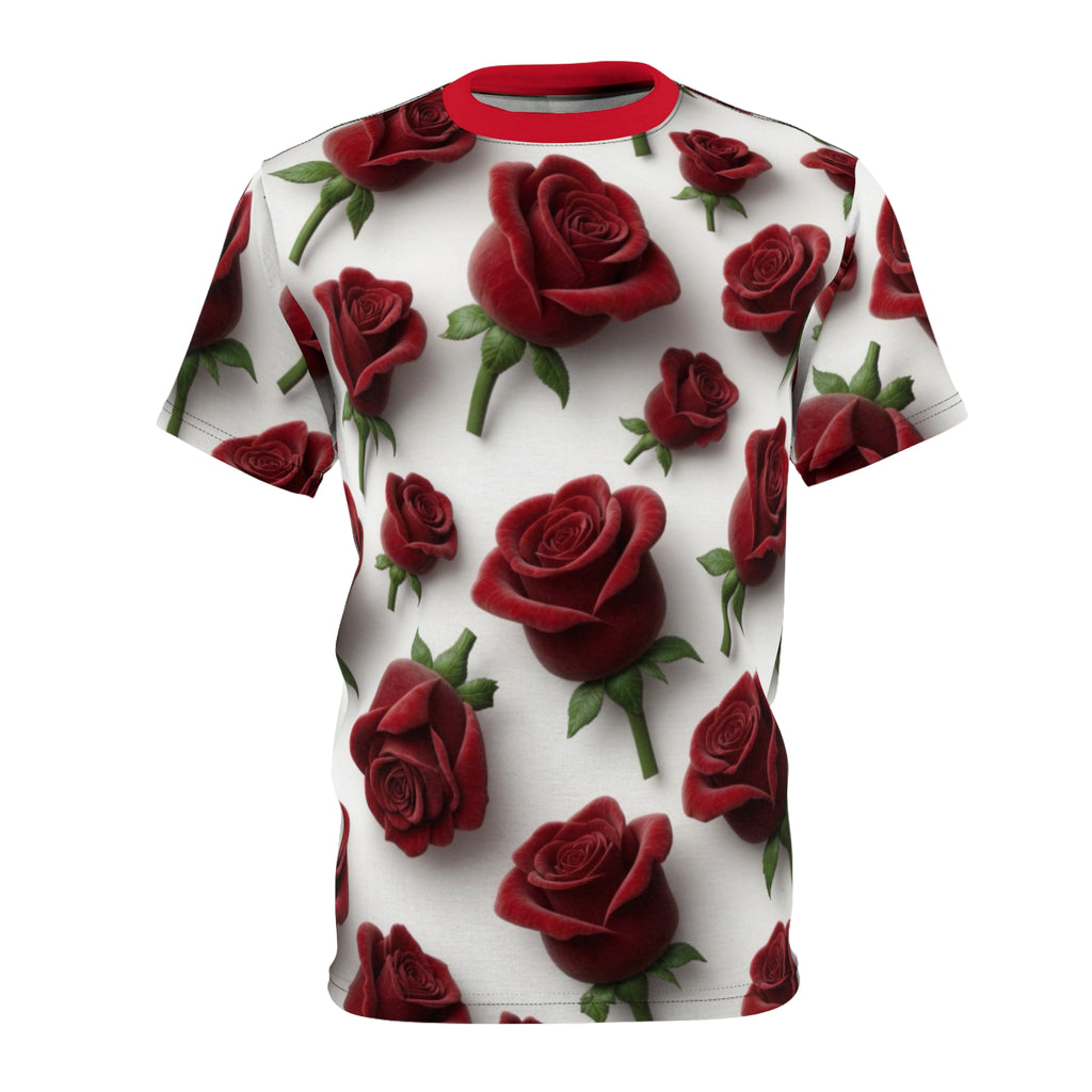 Red Rose All-Over Print Tee — Romantic Floral Pattern White T-Shirt