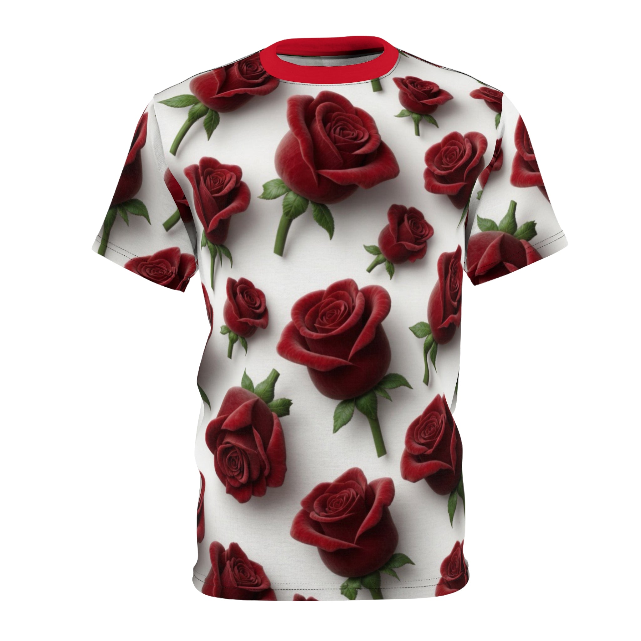 Red Rose All-Over Print Tee — Romantic Floral Pattern White T-Shirt