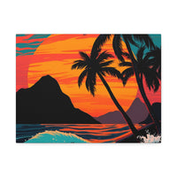 Tropical Sunset Canvas Wall Art — Palm Trees and Ocean Waves Stretched Canvas