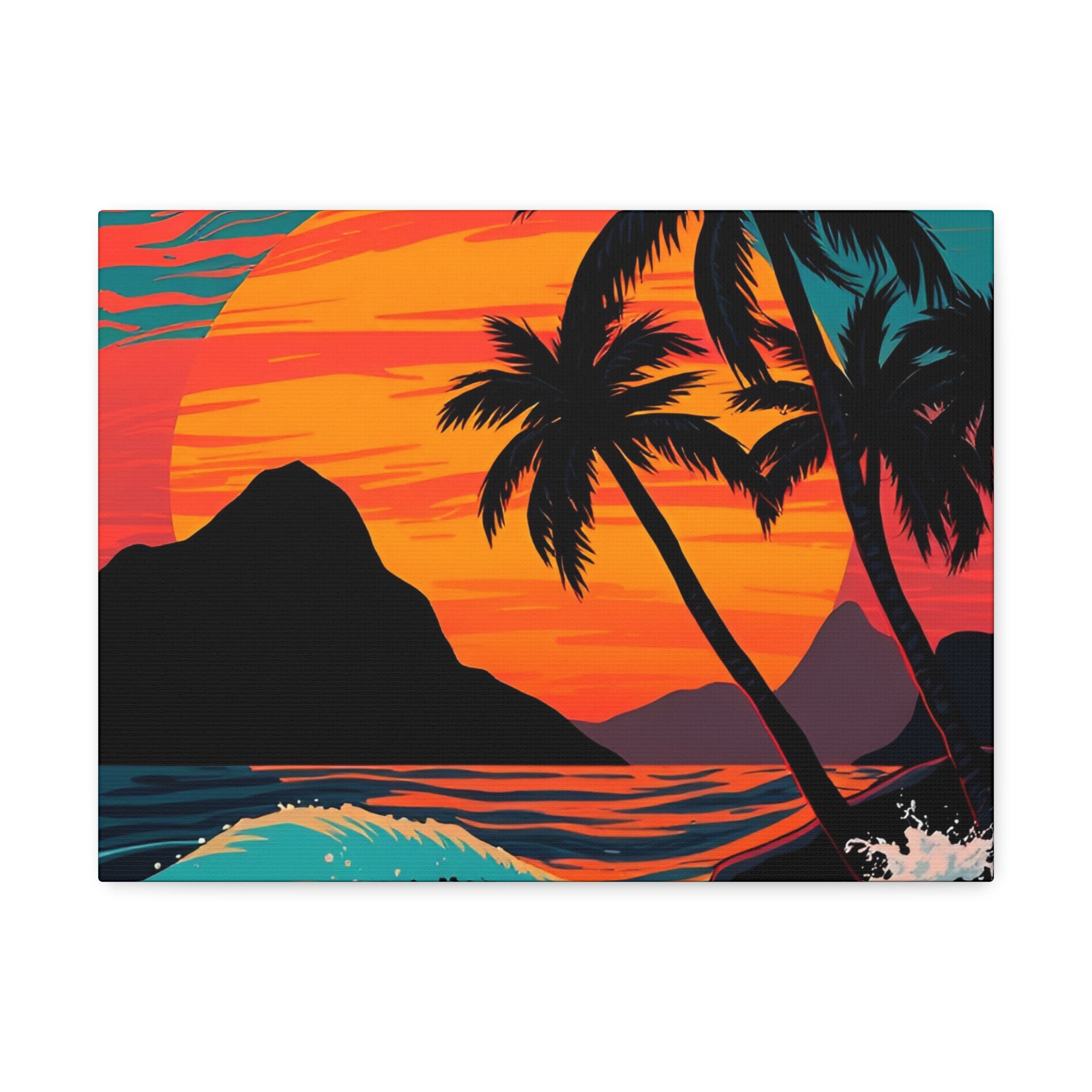 Tropical Sunset Canvas Wall Art — Palm Trees and Ocean Waves Stretched Canvas