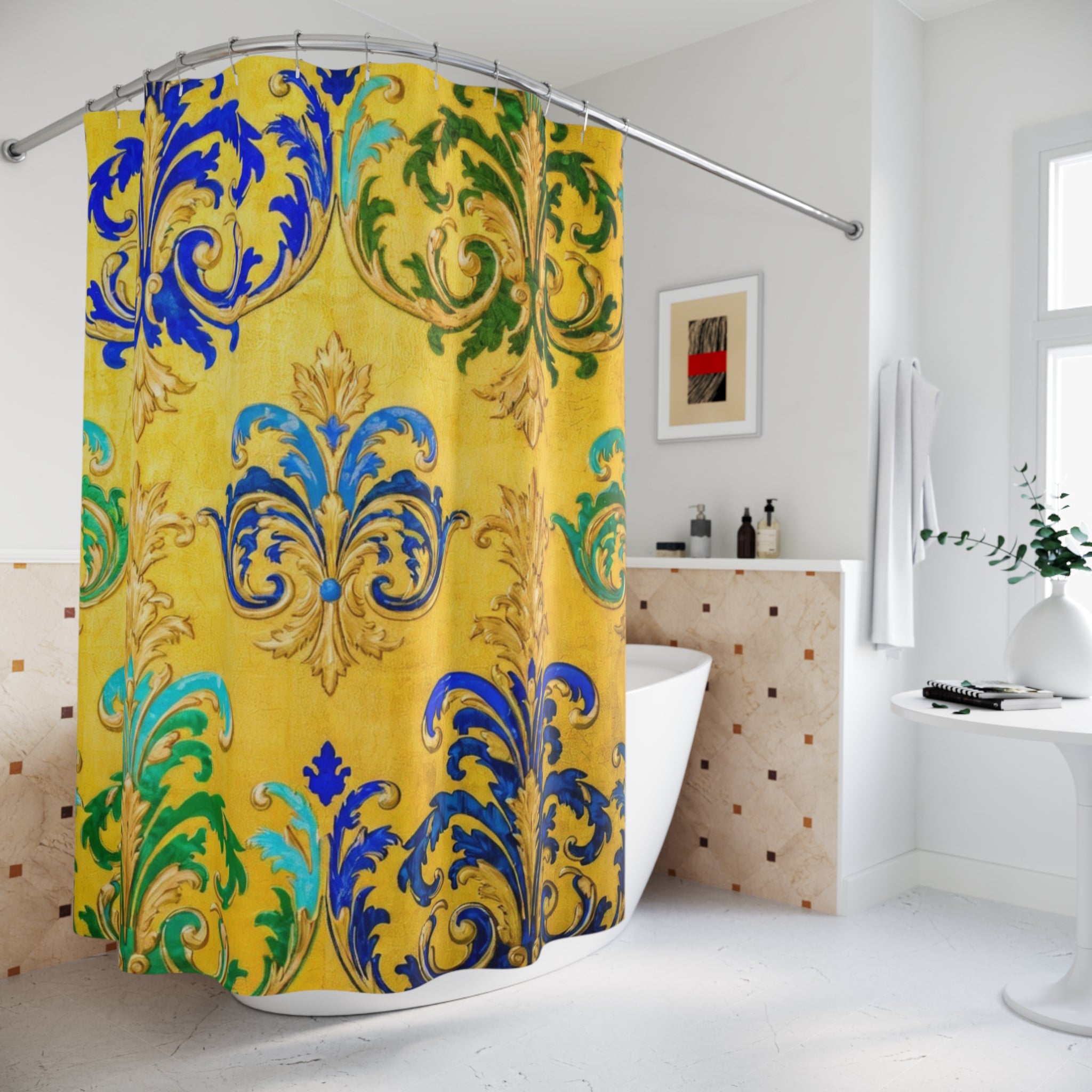 Baroque Fleur-de-Lis Shower Curtain — Gold, Blue & Green Ornamental Bathroom Decor