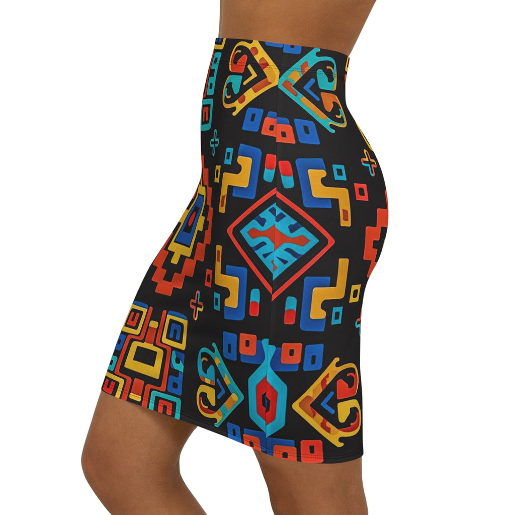 Bold Aztec Geo Pencil Skirt — Colorful Tribal Print Mid‑Waist Skirt