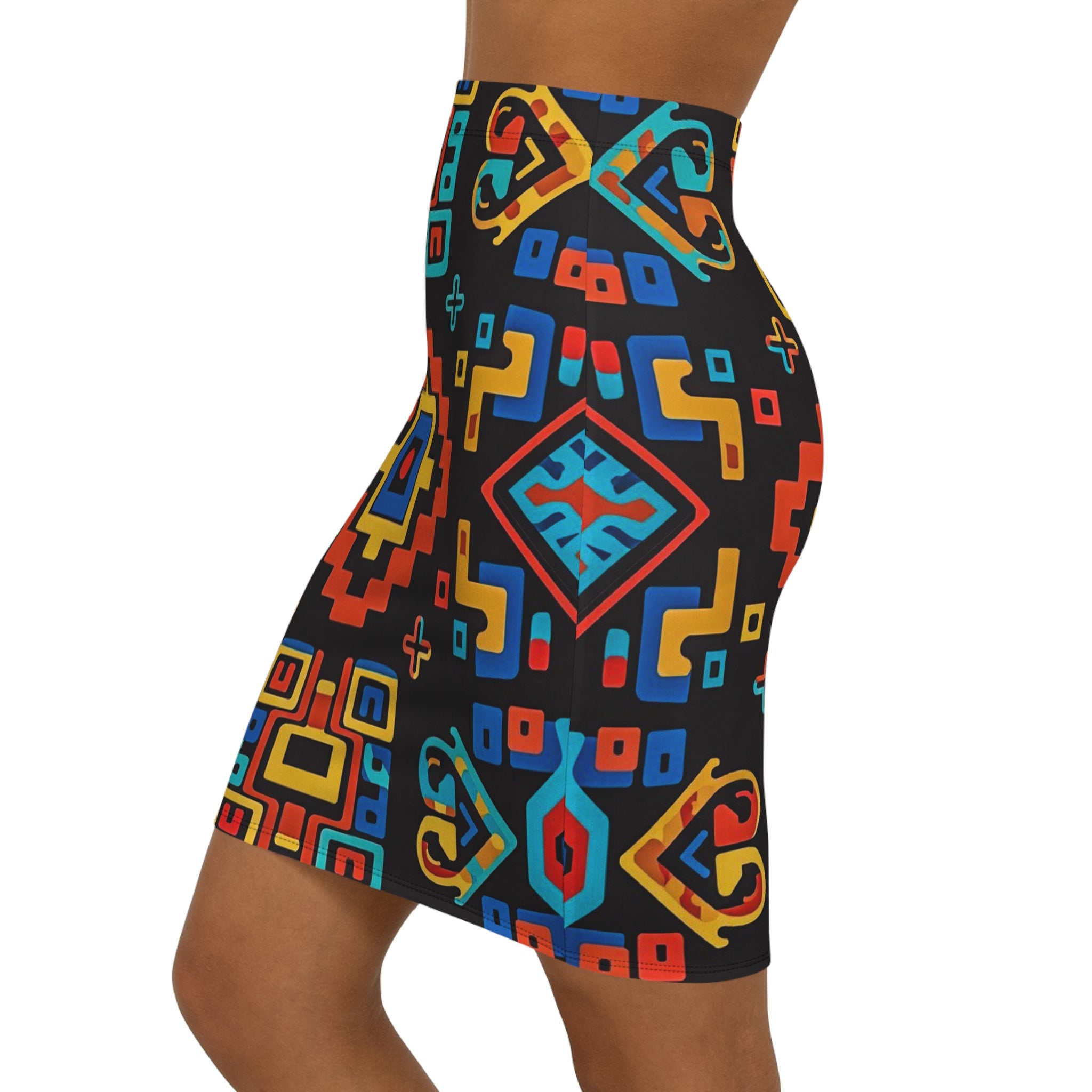 Bold Aztec Geo Pencil Skirt — Colorful Tribal Print Mid‑Waist Skirt