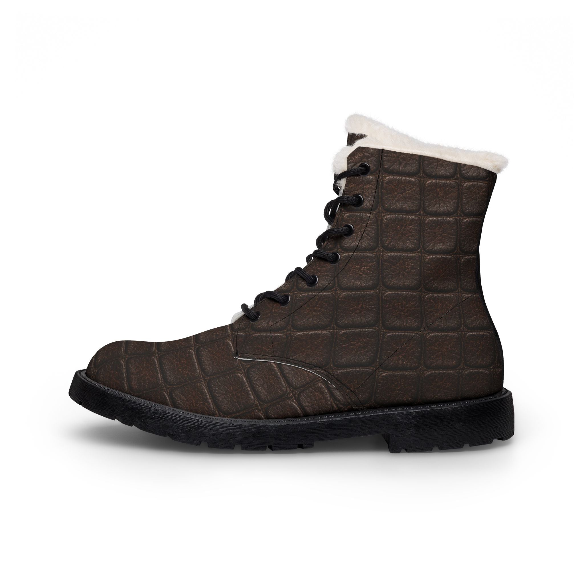 Women's Quilt Print Brown Fur-Lined Leather Winter Boots