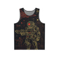 Exquisite 24 Black Graphic Men’s Tank Top — Futuristic Gold Robot Design