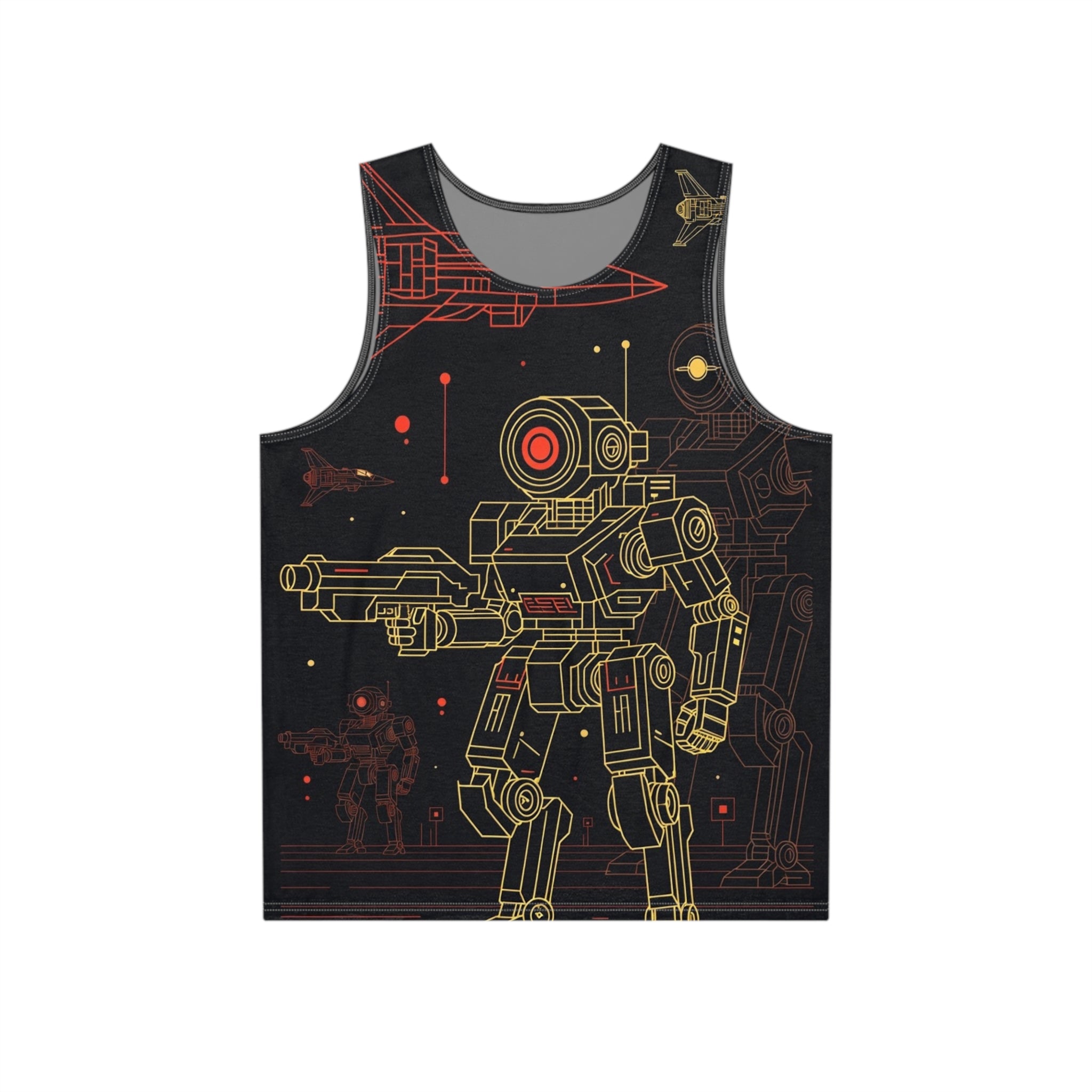 Exquisite 24 Black Graphic Men’s Tank Top — Futuristic Gold Robot Design