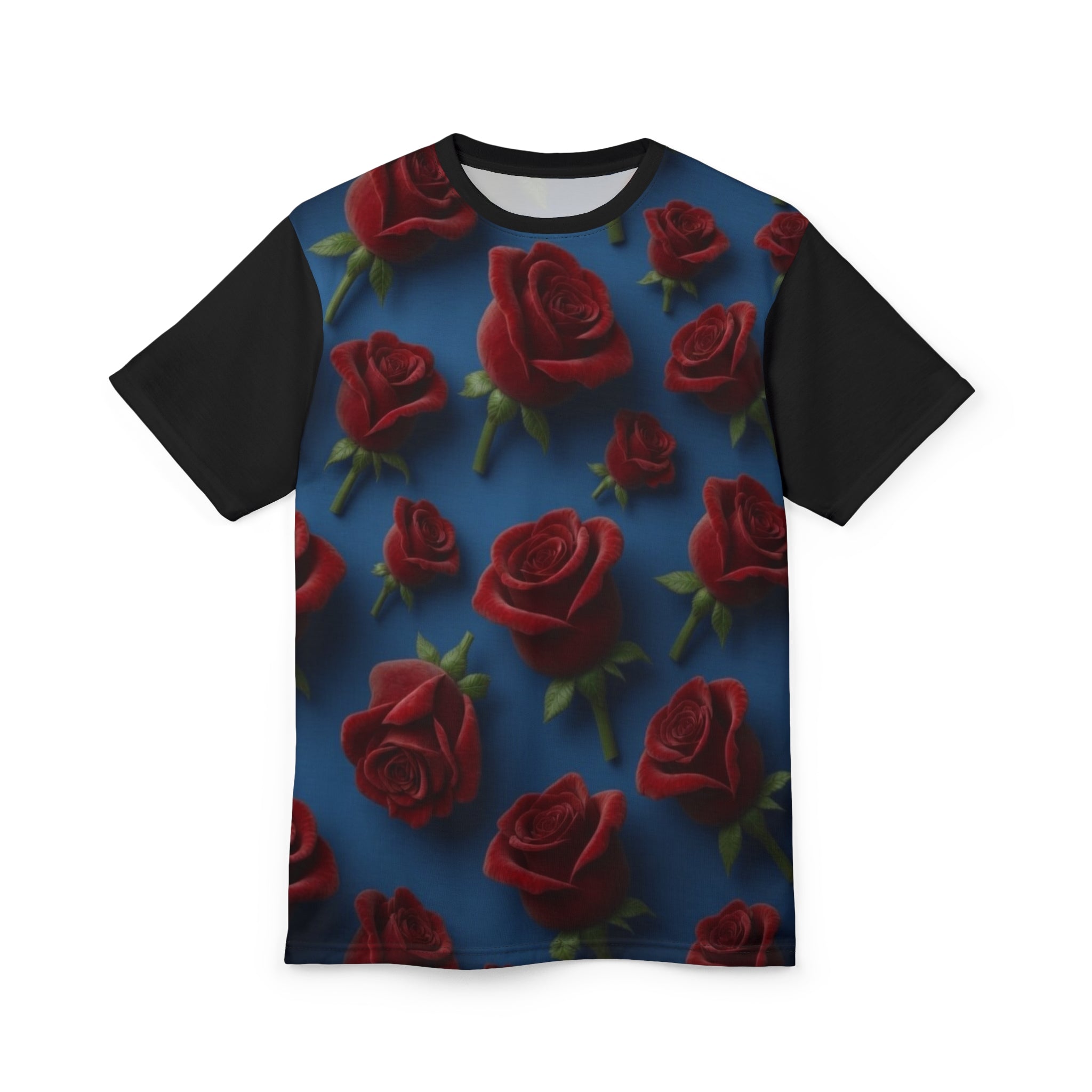 Red Rose Pattern Tee — All-Over Print Floral Blue T-Shirt