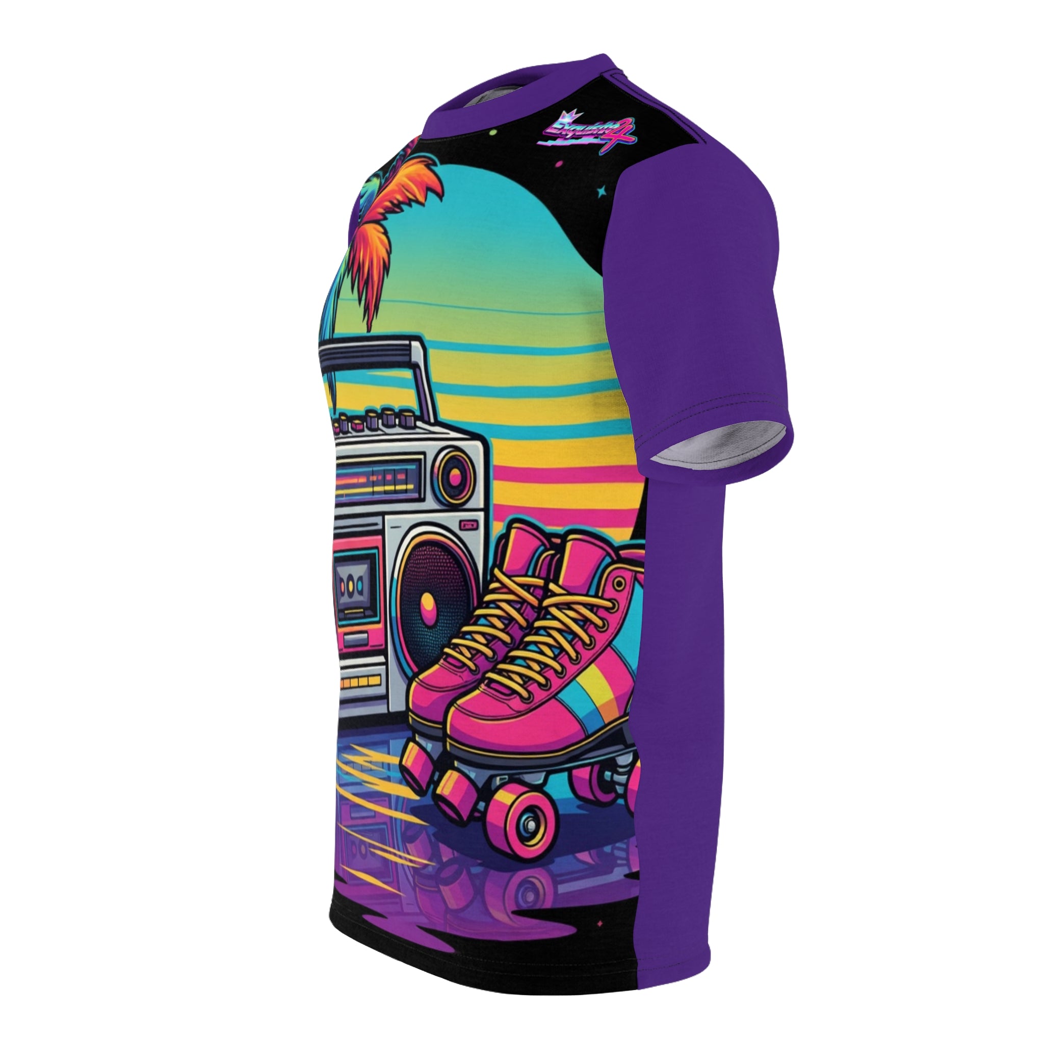 Retro Boombox & Roller Skates Tee — Neon Vaporwave All-Over Print