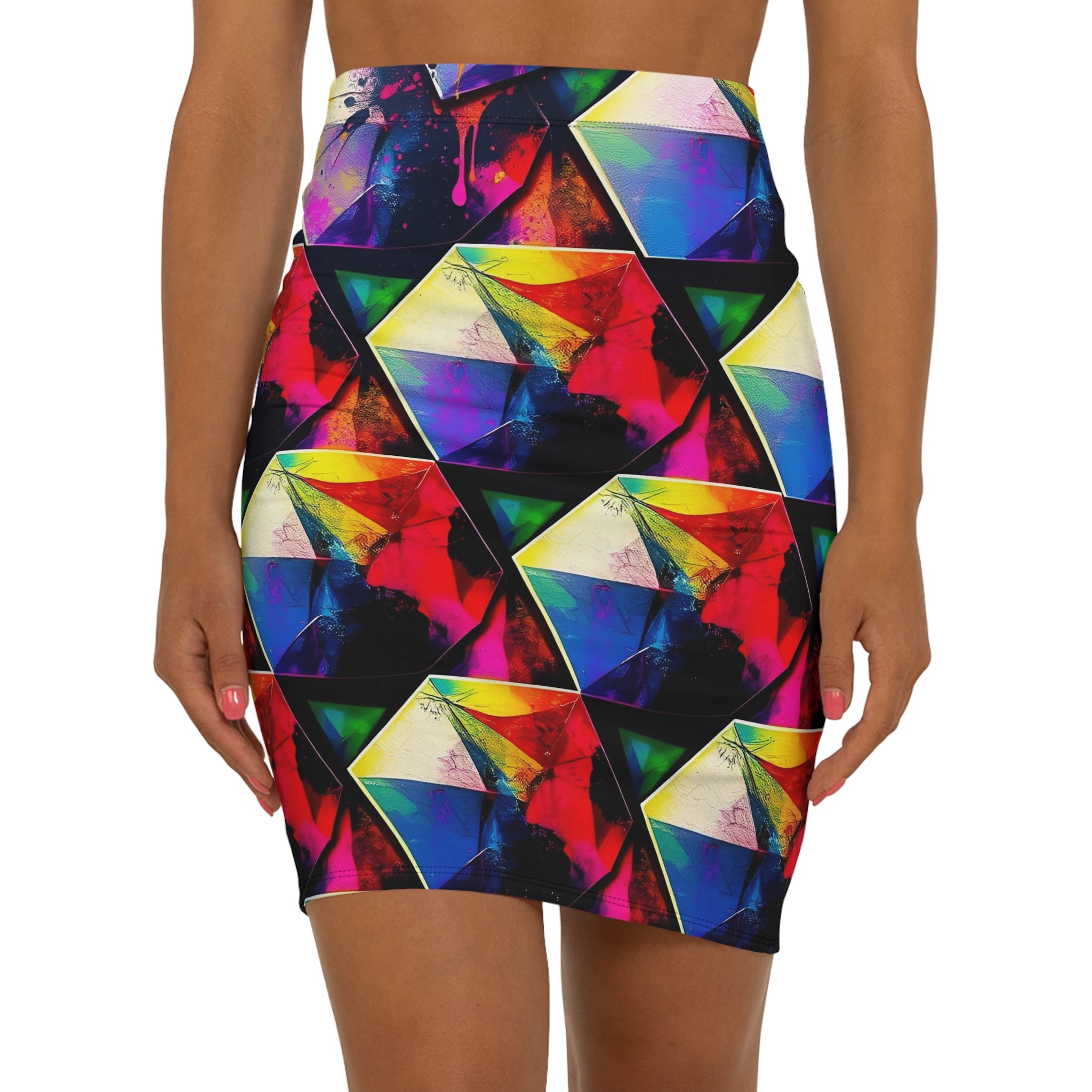 Geometric Prism Rainbow Pencil Skirt — Vibrant Abstract Mid‑Waist Graphic Skirt