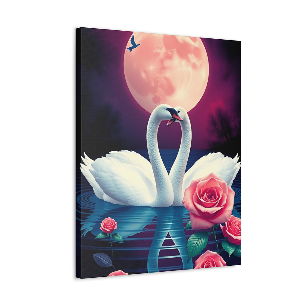 Swan Moon Stretched Canvas – Romantic Rose Lake Wall Art