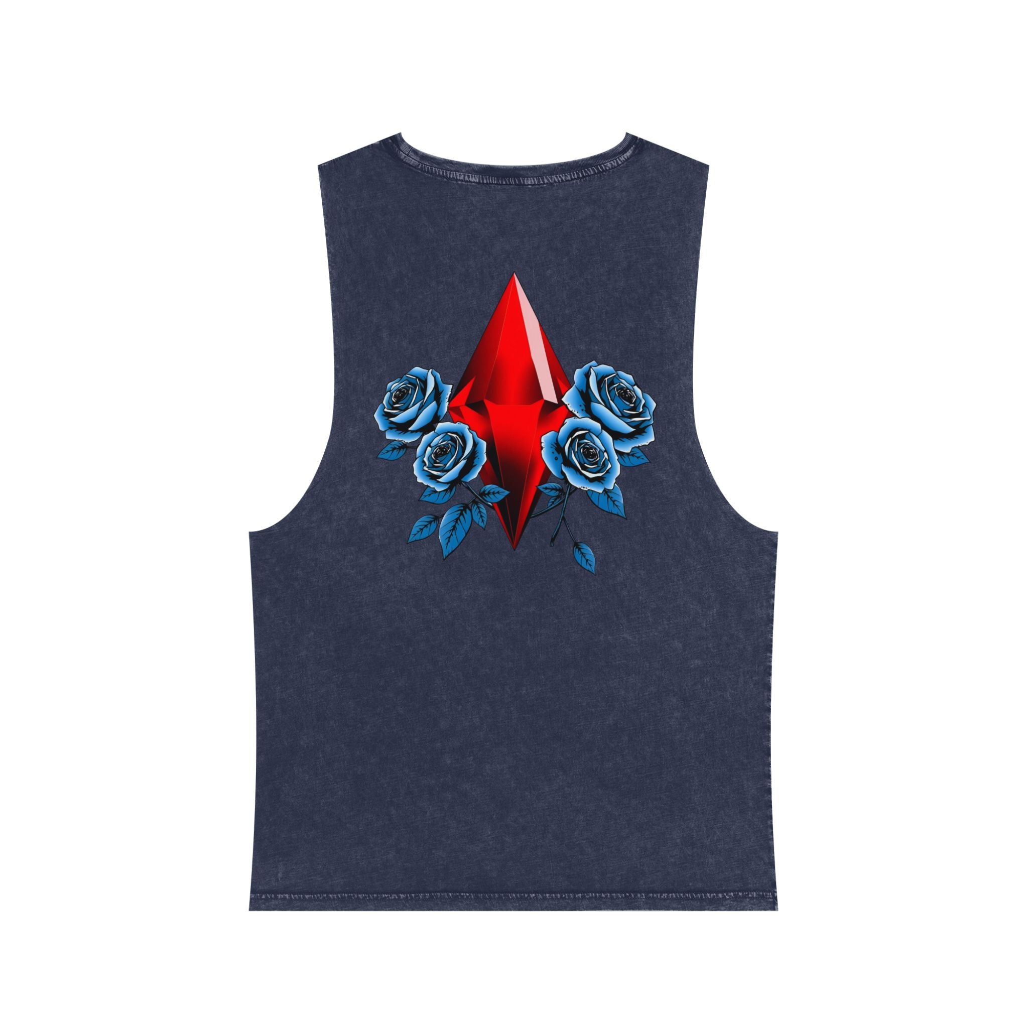 Exquisite 24 'Royalty Within' Stonewash Tank Top — Red Jewel & Blue Roses Graphic