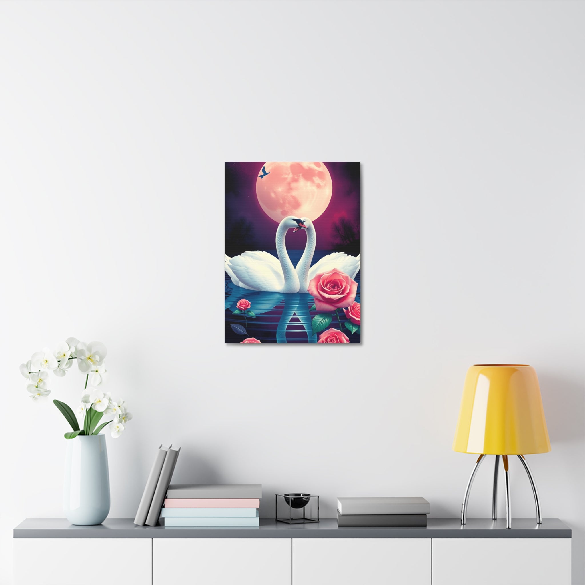 Swan Moon Stretched Canvas – Romantic Rose Lake Wall Art