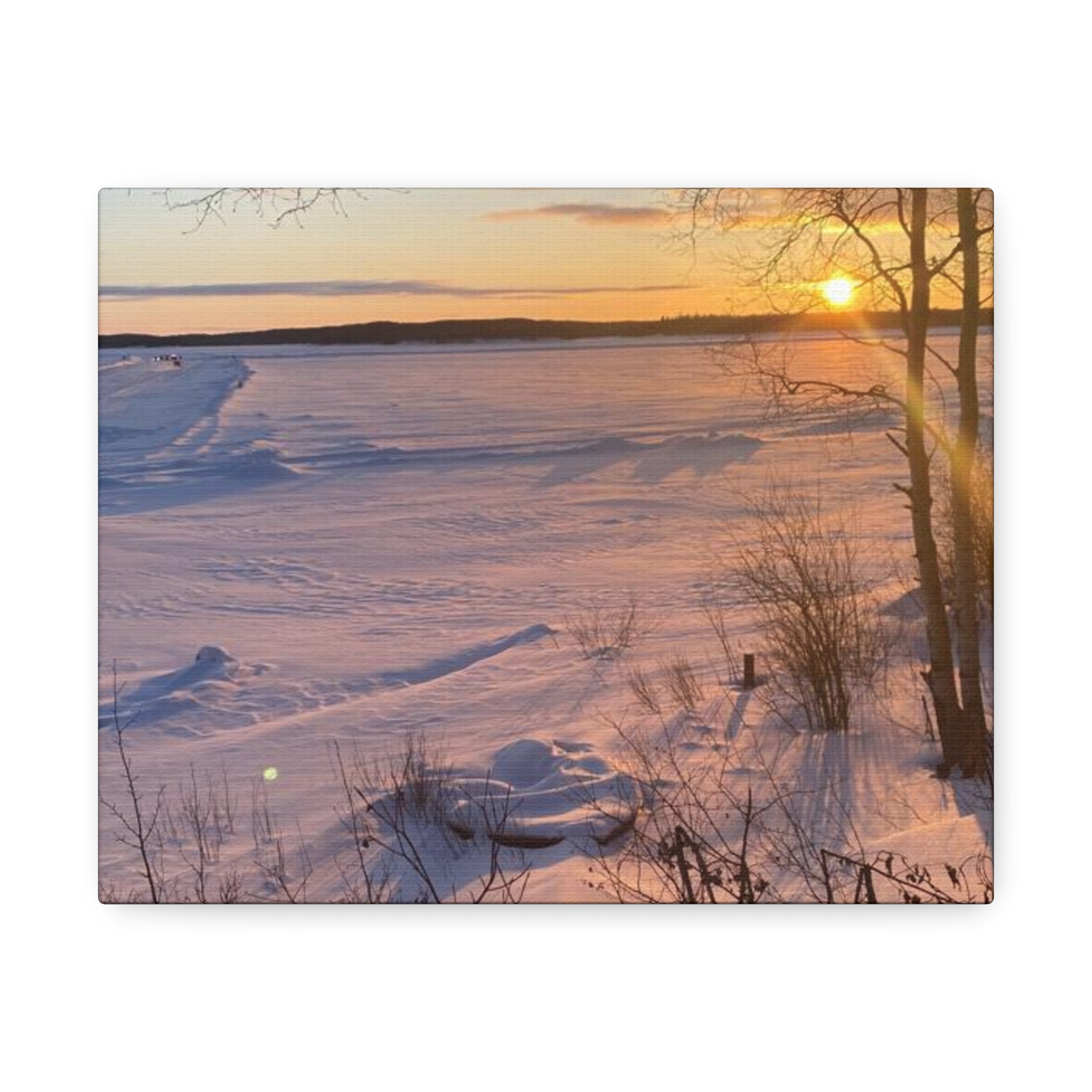 Sunset over Frozen Lake Stretched Canvas Wall Art
