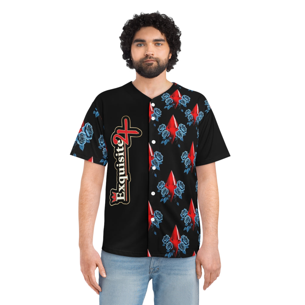 Baseball Jersey - Exquisite Red Diamond & Blue Roses Graphic