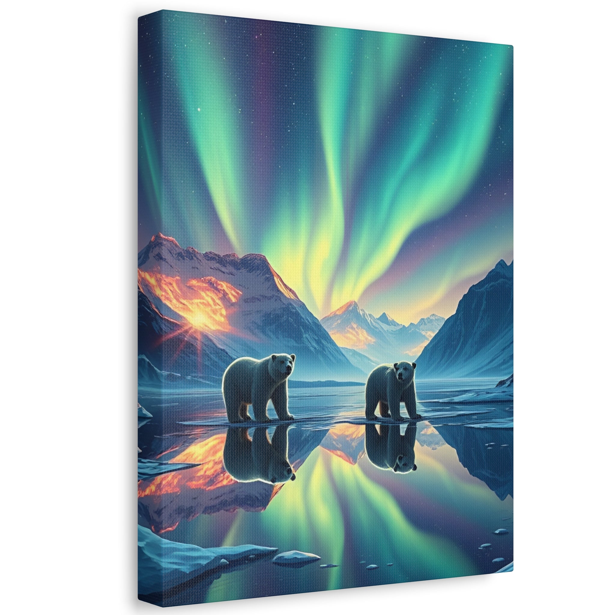 Aurora Polar Bears Stretched Canvas - Northern Lights Wildlife Wall Art