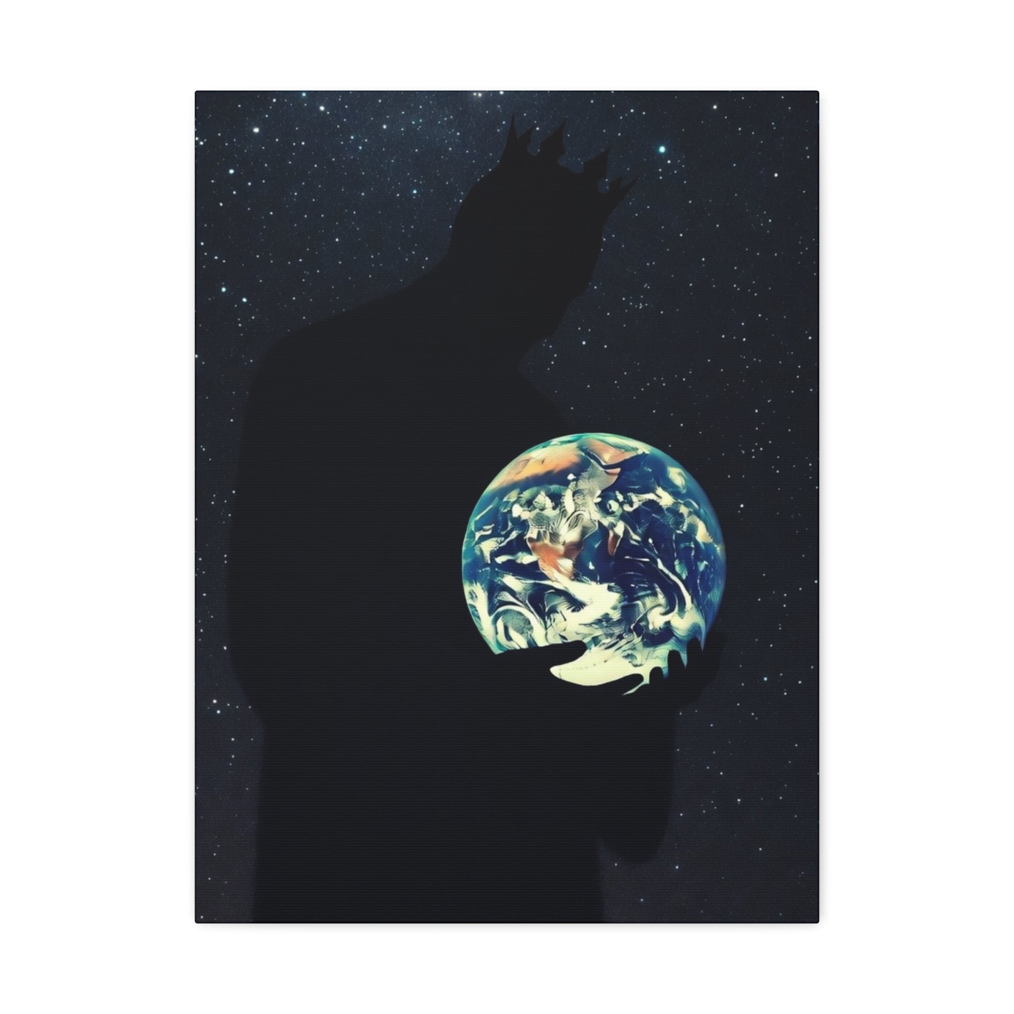 Earth Embrace Stretched Canvas — Cosmic Silhouette Wall Art