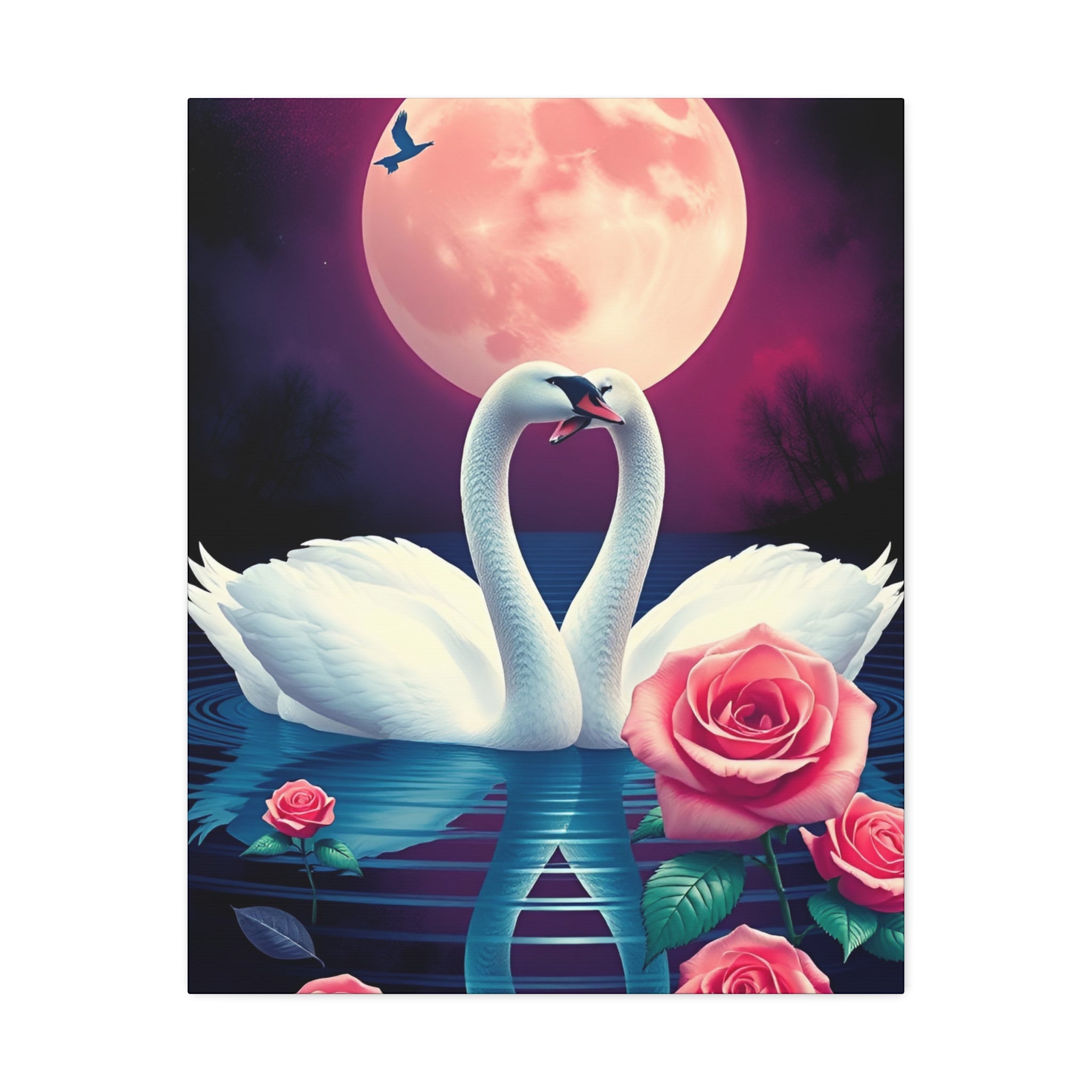 Swan Moon Stretched Canvas – Romantic Rose Lake Wall Art