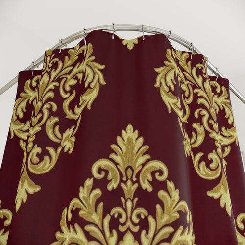 Baroque Damask Shower Curtain — Burgundy & Gold Elegant Bathroom Decor