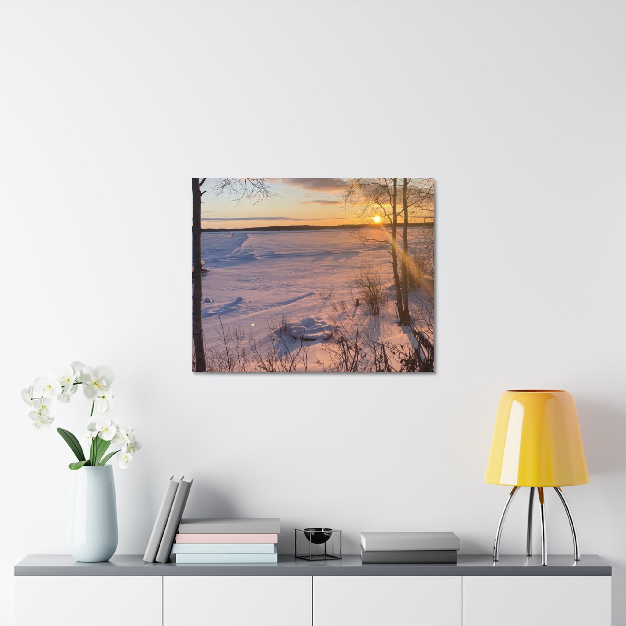 Sunset over Frozen Lake Stretched Canvas Wall Art