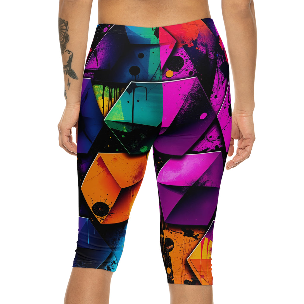 Neon Geometric Capri Leggings — Vibrant Abstract 80s Retro Fitness Crop