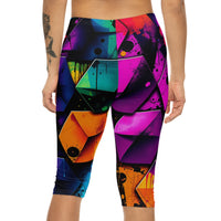 Neon Geometric Capri Leggings — Vibrant Abstract 80s Retro Fitness Crop