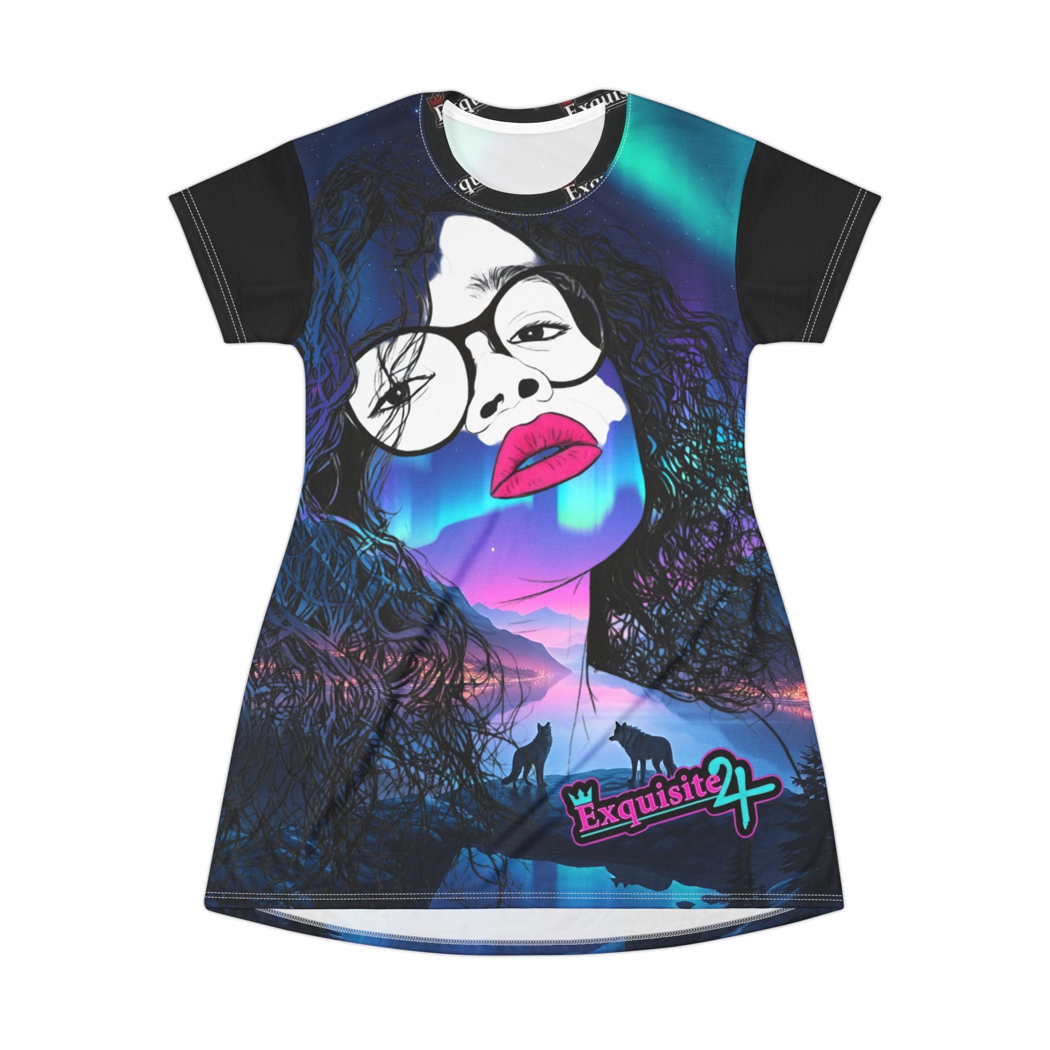 Aurora Wolf Night T‑Shirt Dress — Neon Northern Lights Portrait Print