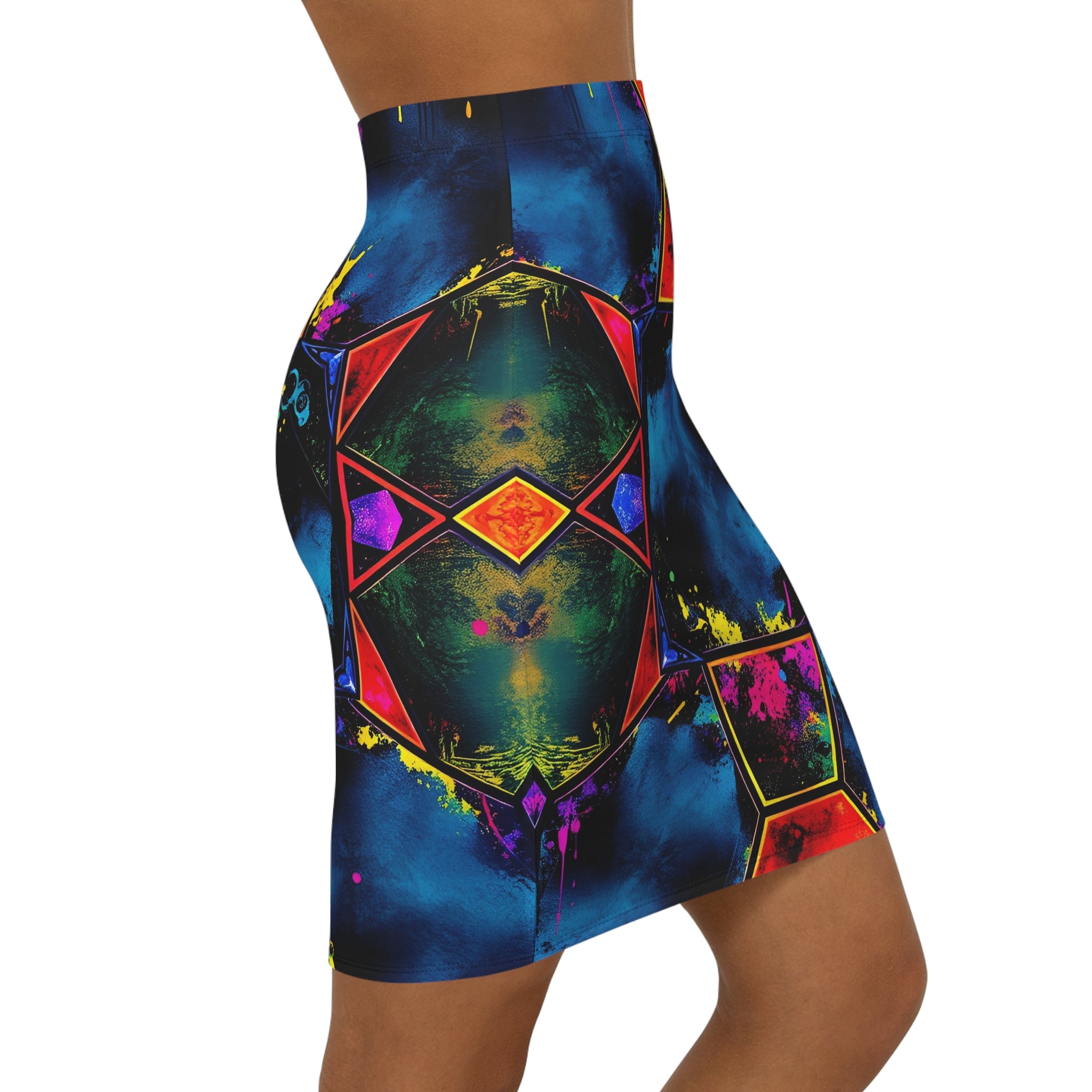 Nebula Geometric Pencil Skirt — Vibrant Galaxy Print Mid‑Waist Skirt