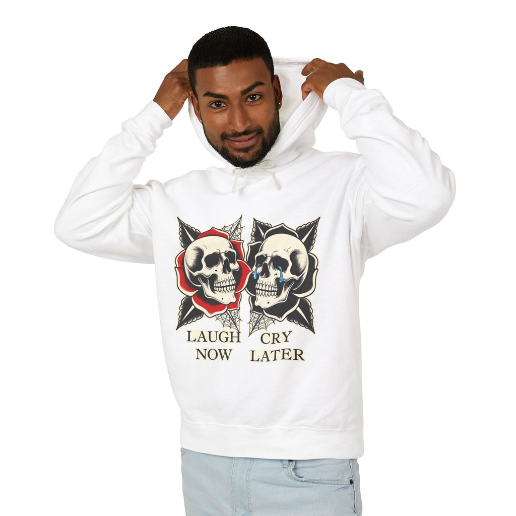 Laugh Now Cry Later Skull Hoodie — Vintage Expressive Skull Hooded Sweatshirt