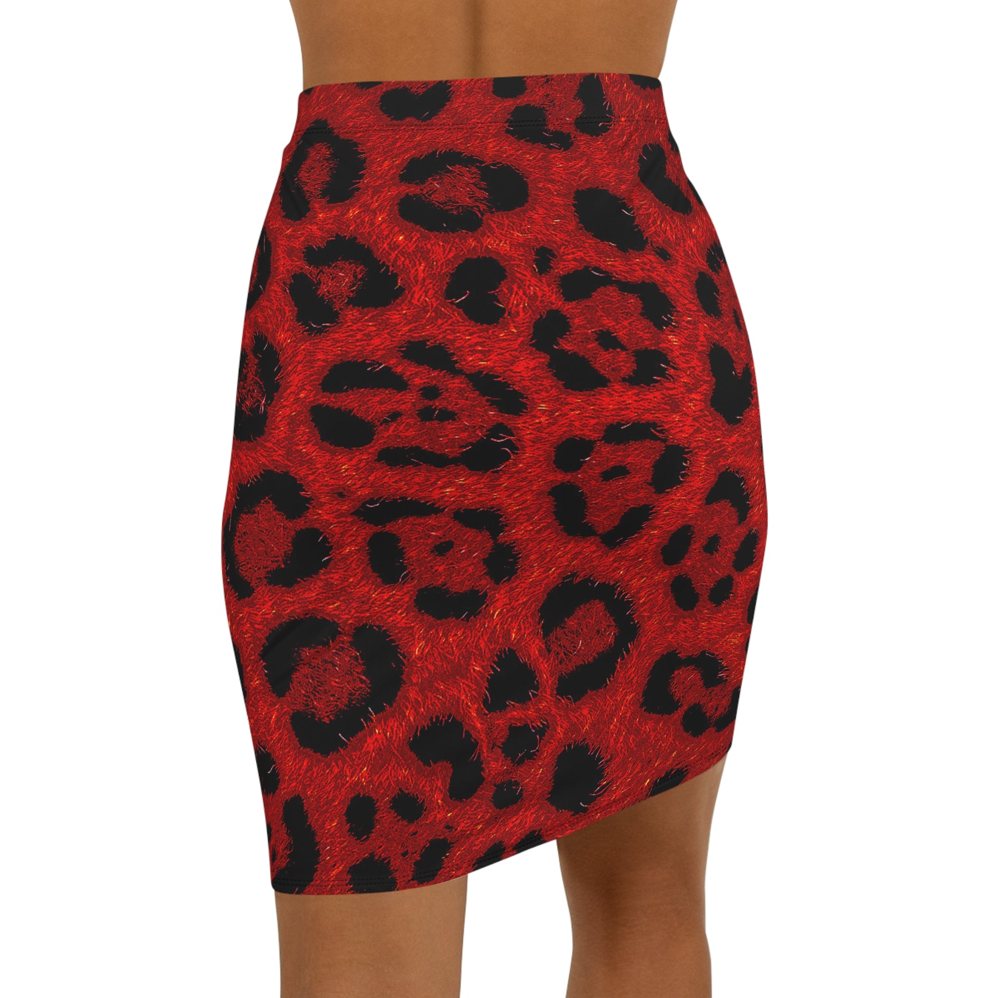 Red Leopard Print Pencil Skirt — Bold Leopard Face All-Over Print