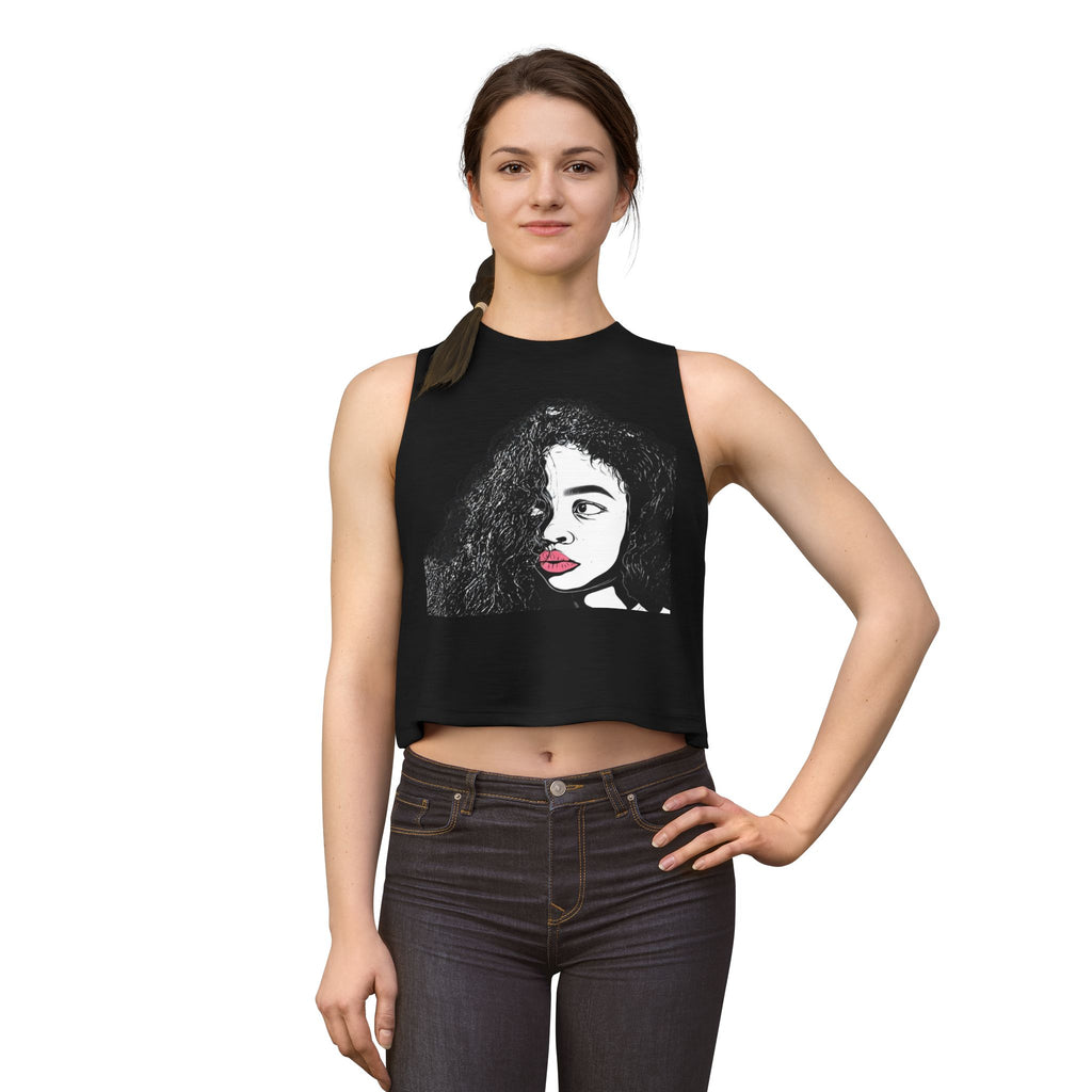 Artistic Curly Hair Woman Crop Top — Graphic Portrait Tank with Pink Lips