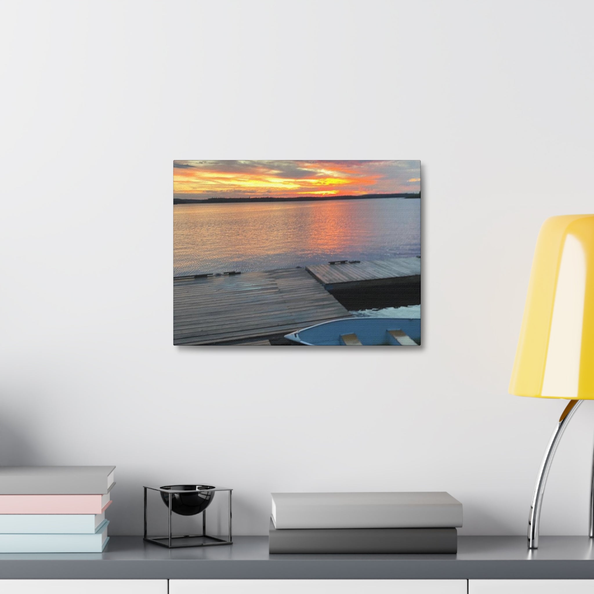 Sunset Lake Dock Stretched Canvas - Tranquil Waterfront Wall Art