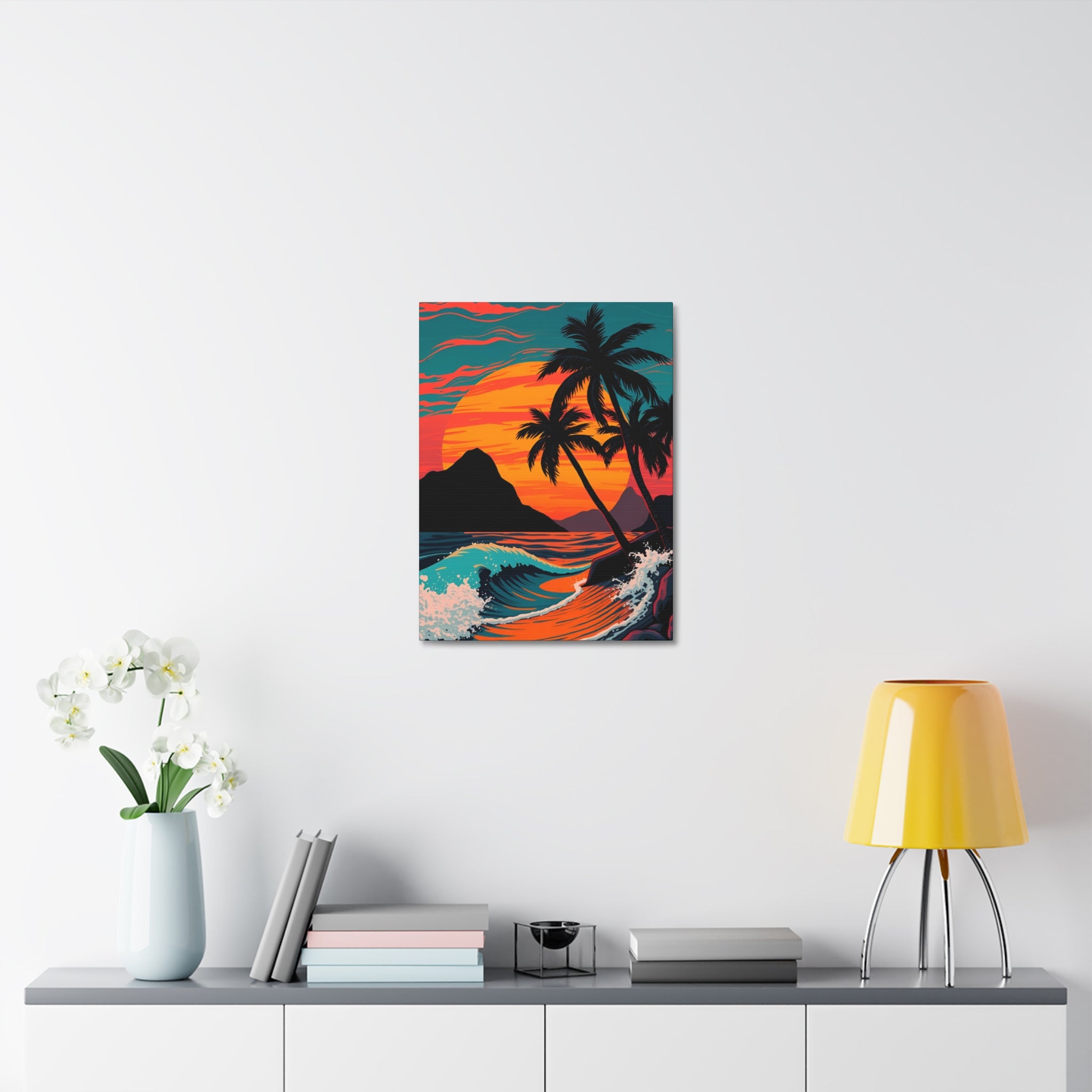Tropical Sunset Canvas Wall Art — Palm Trees and Ocean Waves Stretched Canvas
