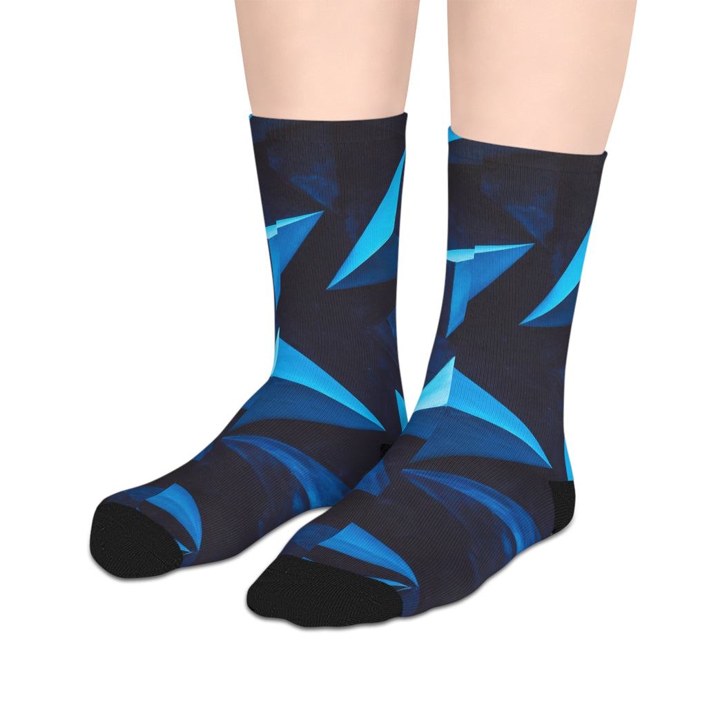 Abstract Blue Geometric Mid-Length Socks — Modern Triangle Pattern