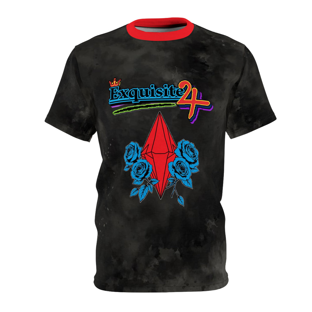 Exquisite 24 Retro Graphic Tee — Red Gem & Blue Roses All-Over Print