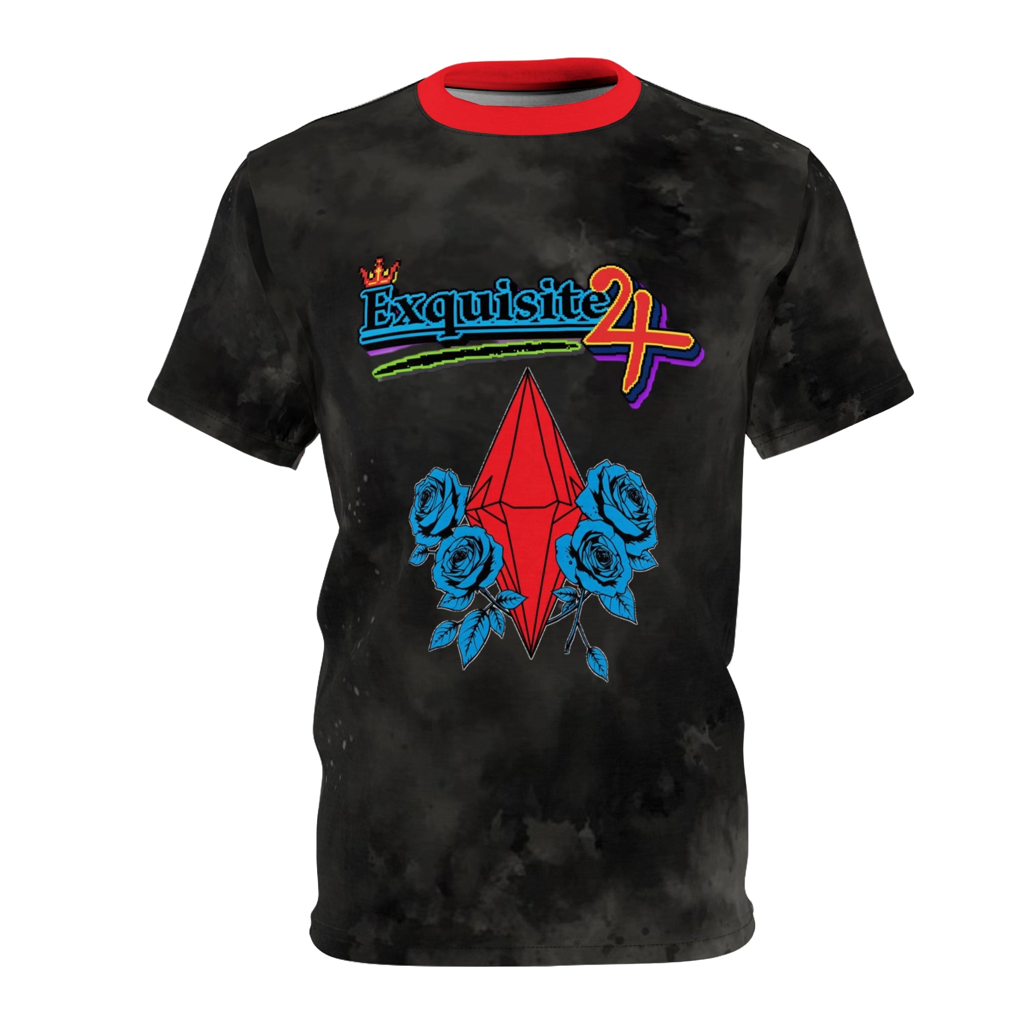 Exquisite 24 Retro Graphic Tee — Red Gem & Blue Roses All-Over Print