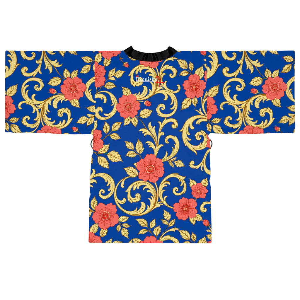 Floral Baroque Kimono Robe - Blue & Gold All-Over Print