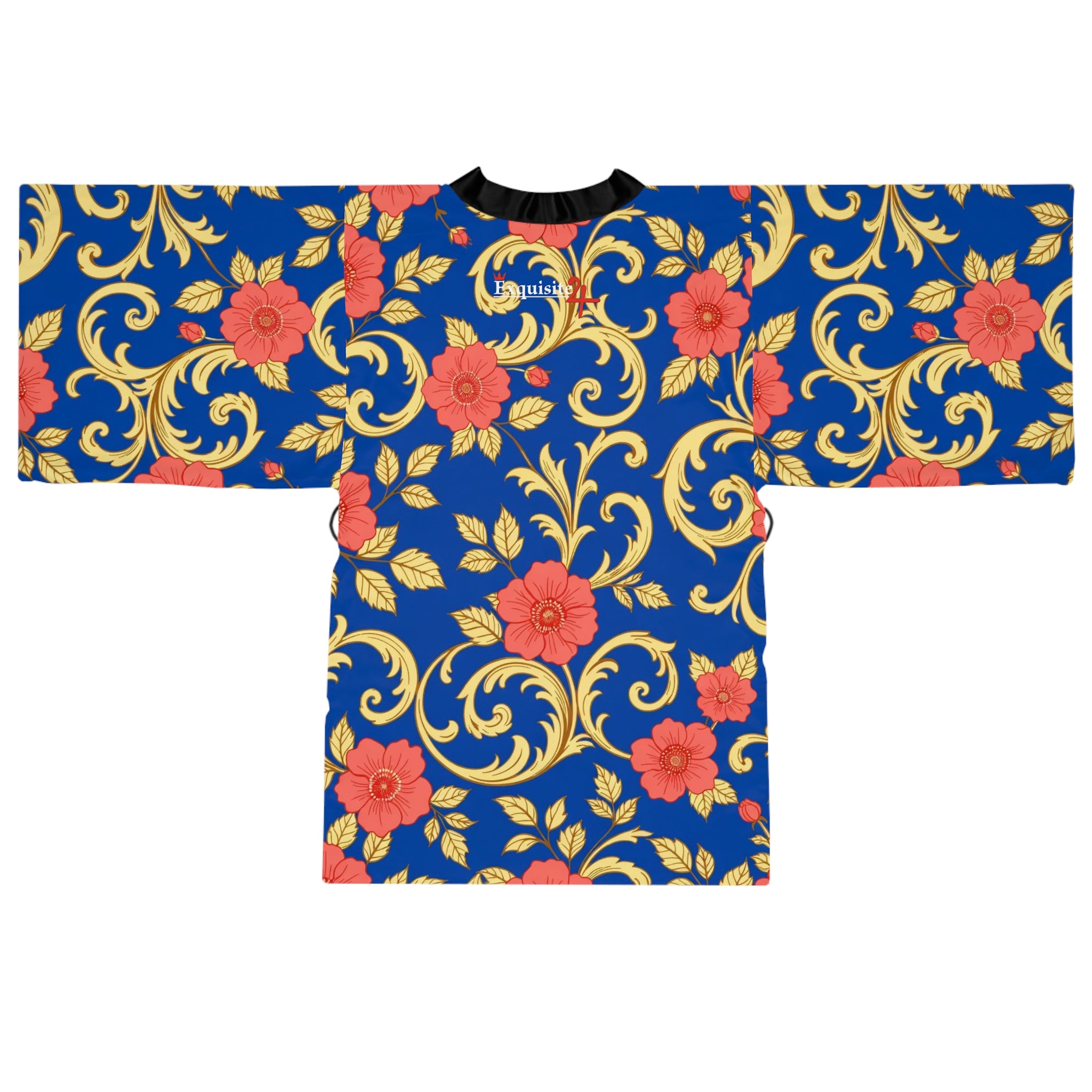 Floral Baroque Kimono Robe - Blue & Gold All-Over Print