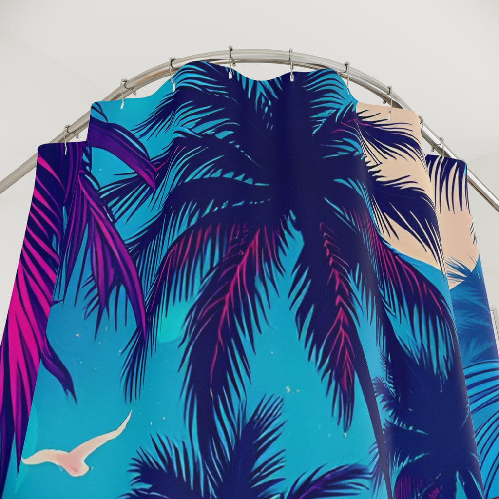 Tropical Palm Shower Curtain — Neon Beach Sunset Floral Design