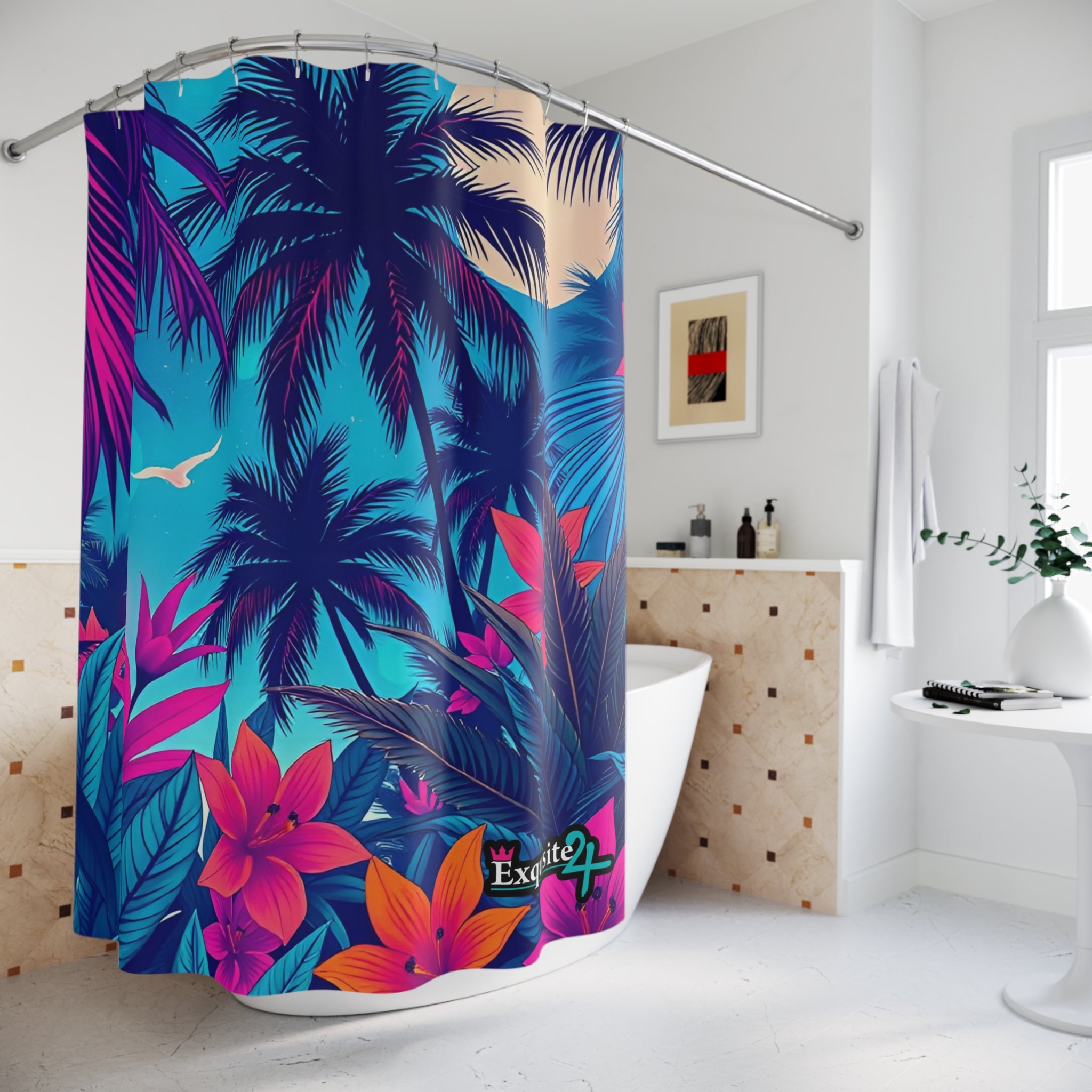Tropical Palm Shower Curtain — Neon Beach Sunset Floral Design
