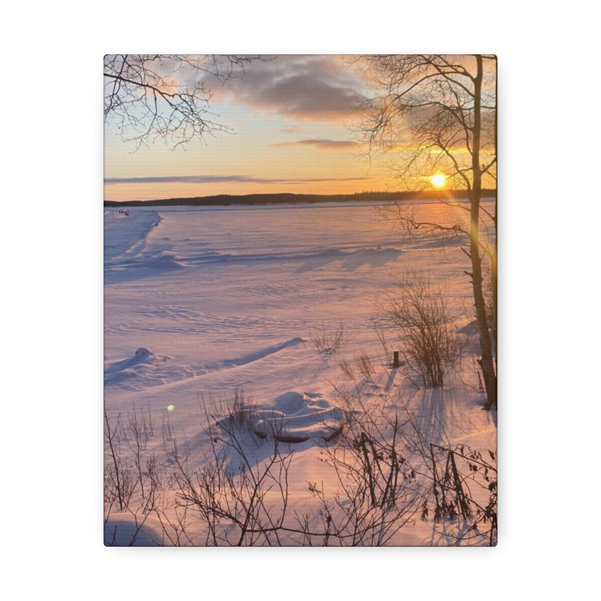 Sunset over Frozen Lake Stretched Canvas Wall Art