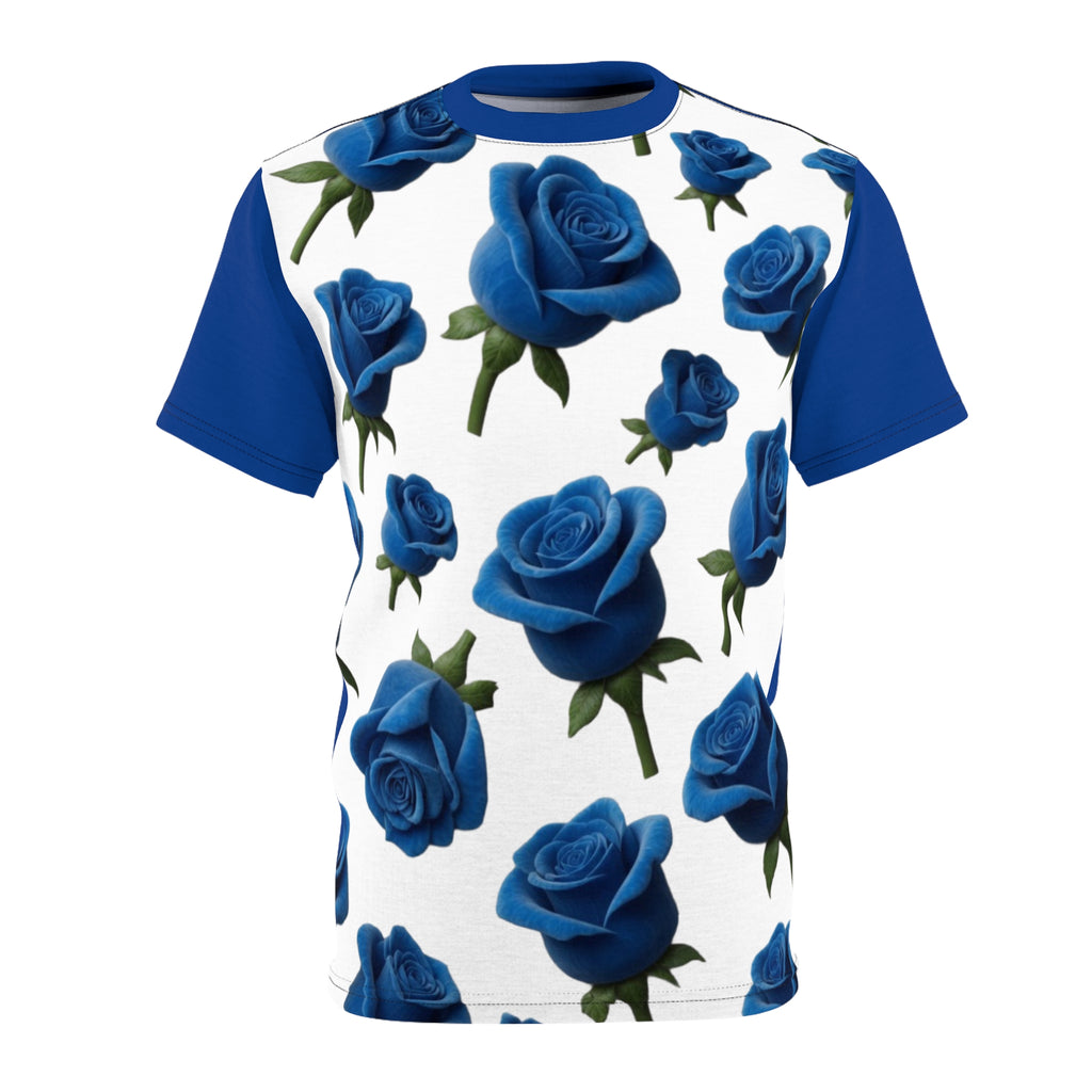 Blue Rose All-Over Print Tee — Floral Pattern White T‑Shirt