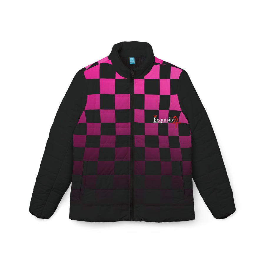 Pink Gradient Checkerboard Puffer Jacket