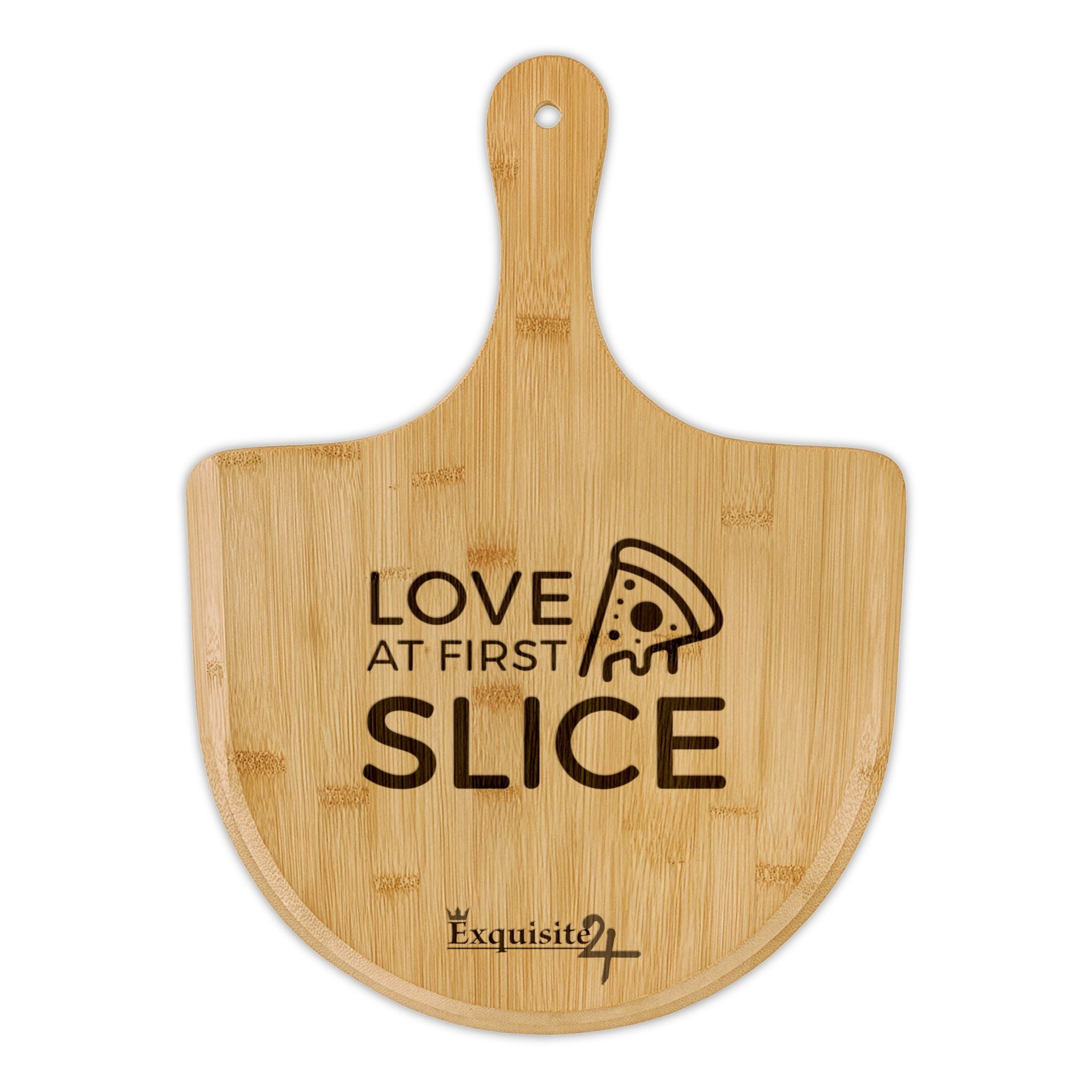 Bamboo Pizza Peel – "Love at First Slice" Engraved Serving Board