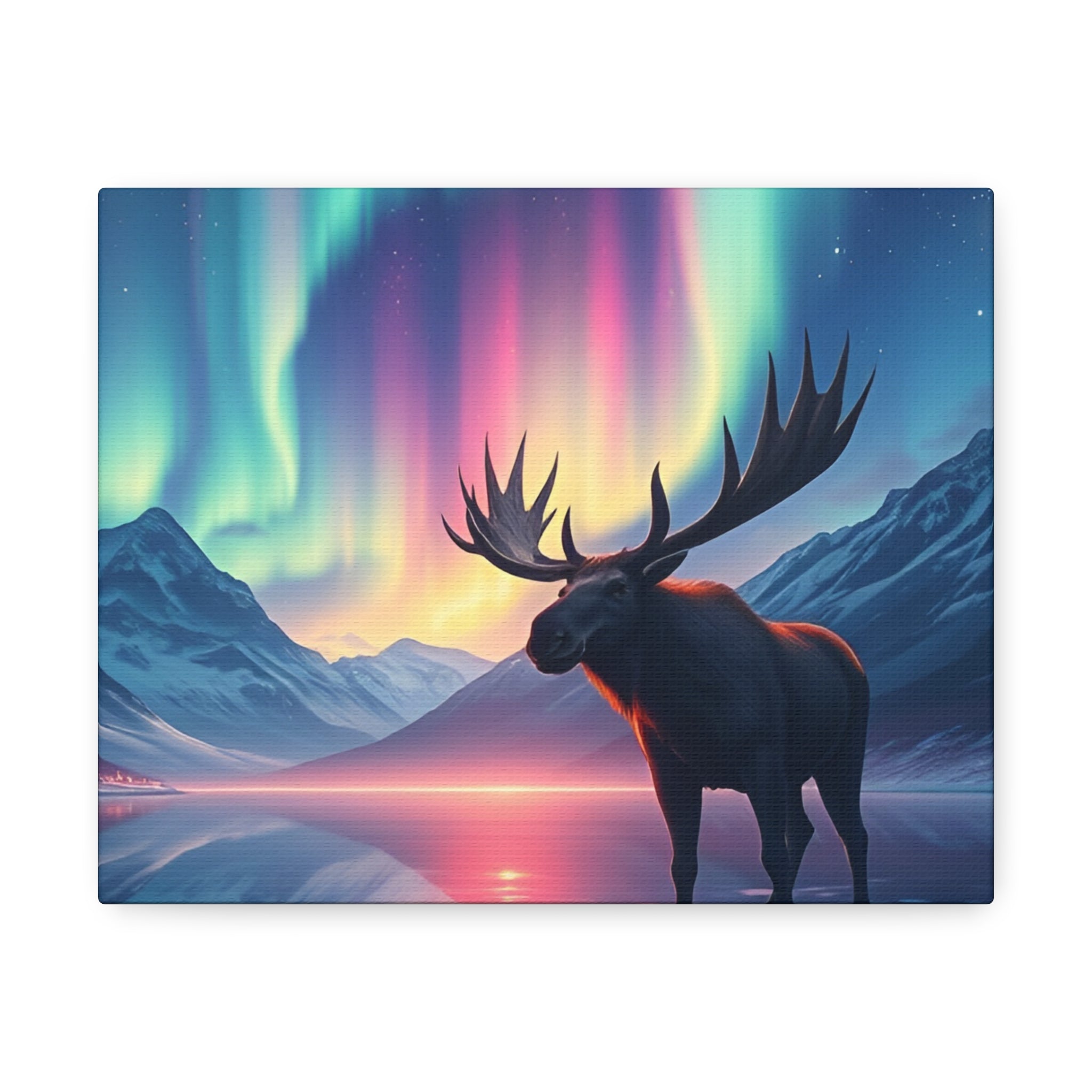 Aurora Moose Stretched Canvas – Northern Lights Landscape Wall Art