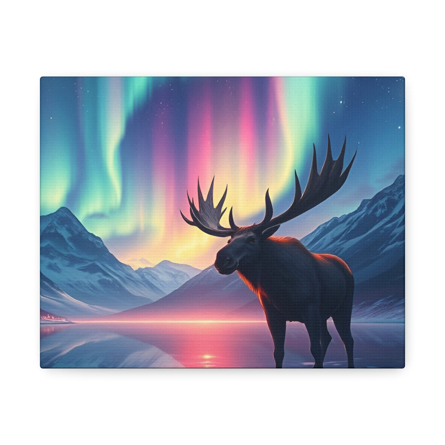 Aurora Moose Stretched Canvas – Northern Lights Landscape Wall Art