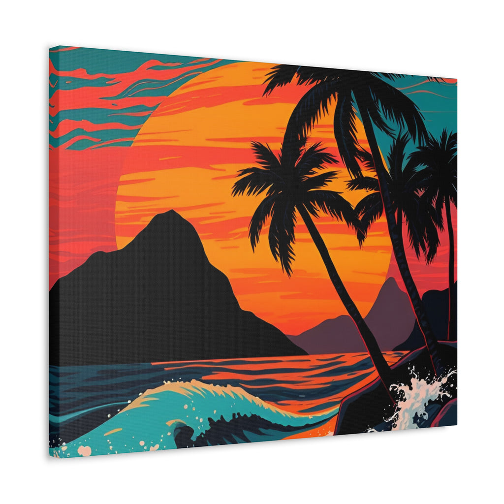 Tropical Sunset Canvas Wall Art — Palm Trees and Ocean Waves Stretched Canvas