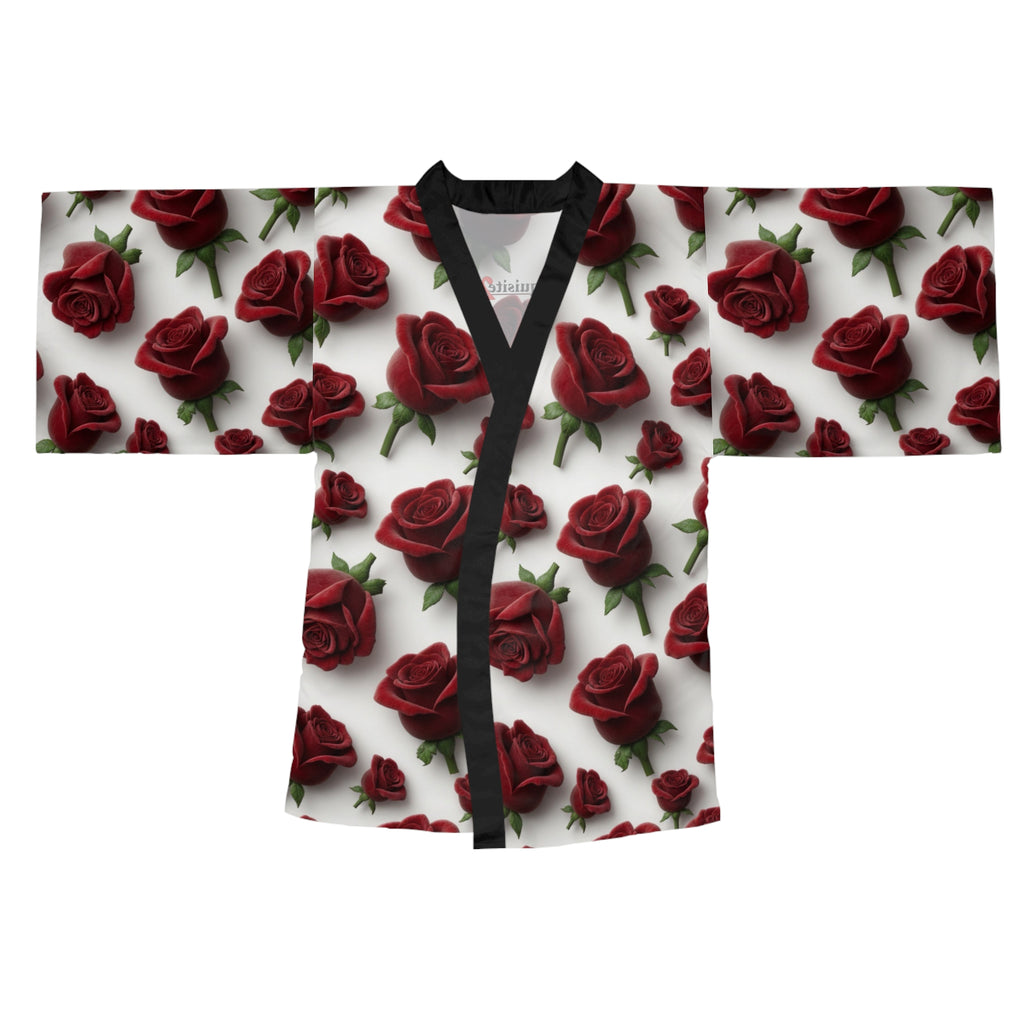 Rose Pattern Kimono Robe — Red Roses All-Over Print Long Sleeve