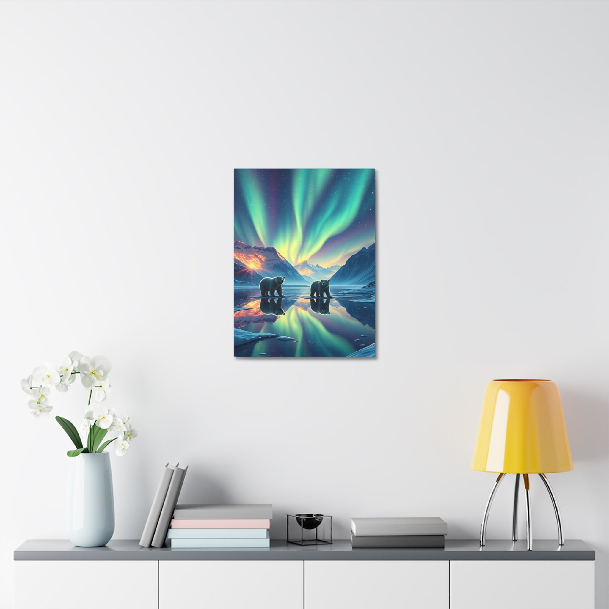 Aurora Polar Bears Stretched Canvas - Northern Lights Wildlife Wall Art