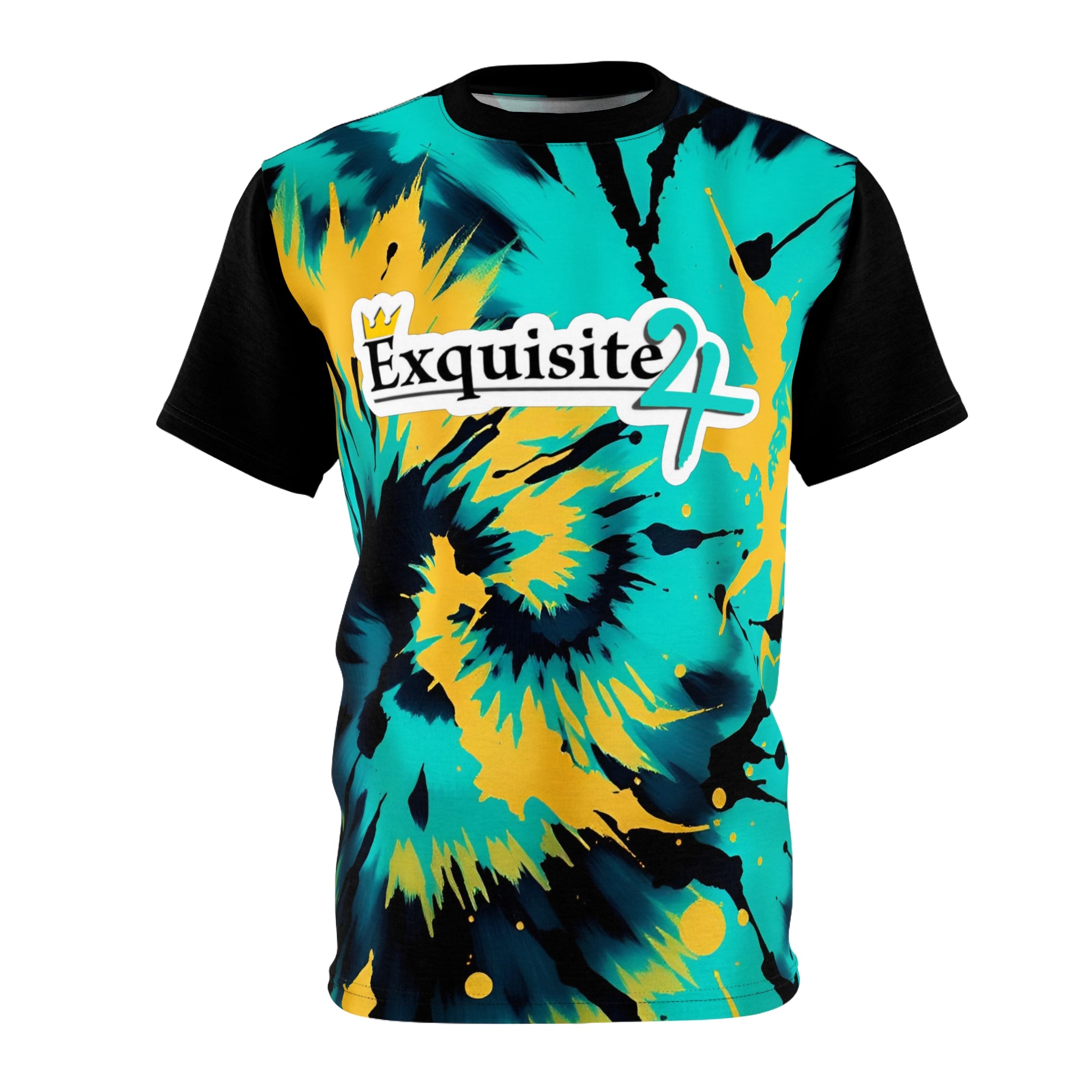Tie-Dye Exquisite 24 Graphic Tee — Vibrant Teal & Yellow Spiral All-Over Print